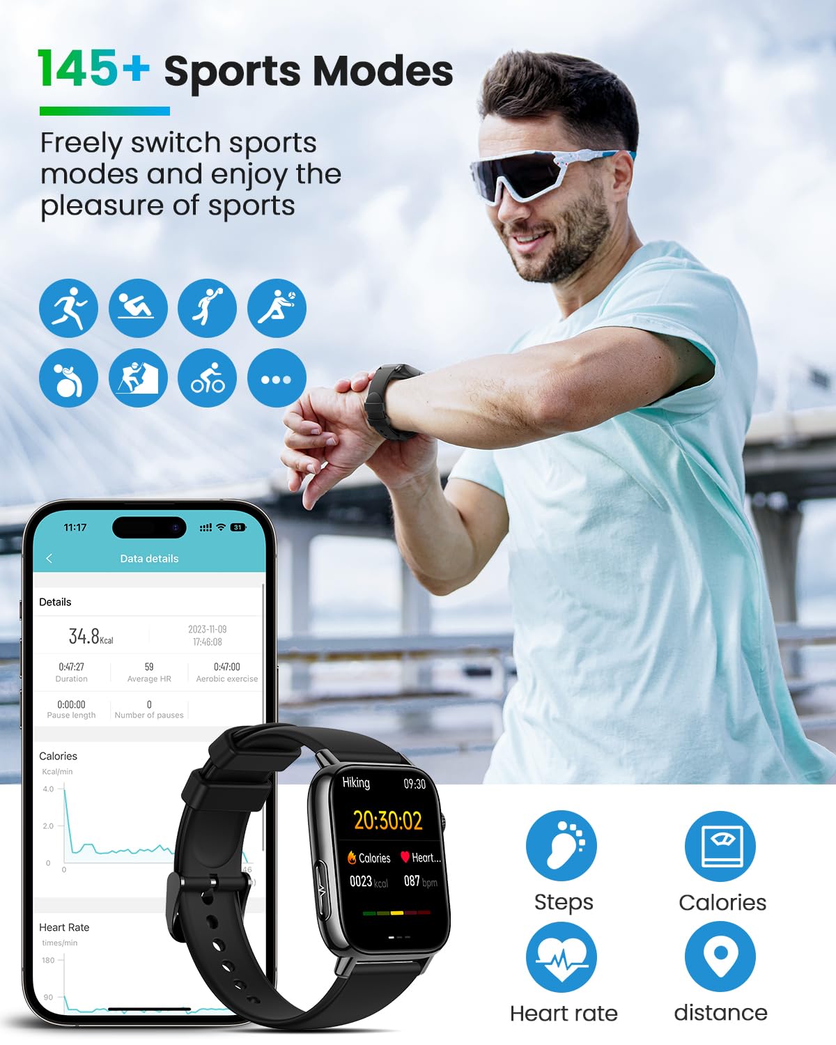 BANLVS Smartwatch Uomo Donna con 𝐆𝐥𝐢𝐜𝐞𝐦𝐢𝐚/HRV/ECG, 1,83" Smart Watch Orologio con Bluetooth Chiamate, 24H SpO2, Cardiofrequenzimetro Sonno 145+ Sport IP68 Notifiche Messaggi Android iOS Nero