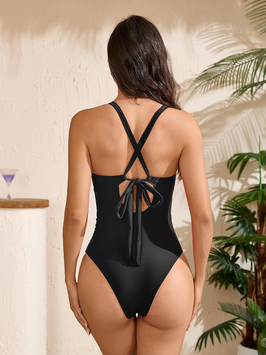Sexy Ribbed One Piece Swimsuit Tie Criss Cross Plunge High Cut One Piece Bathing Suit for Women