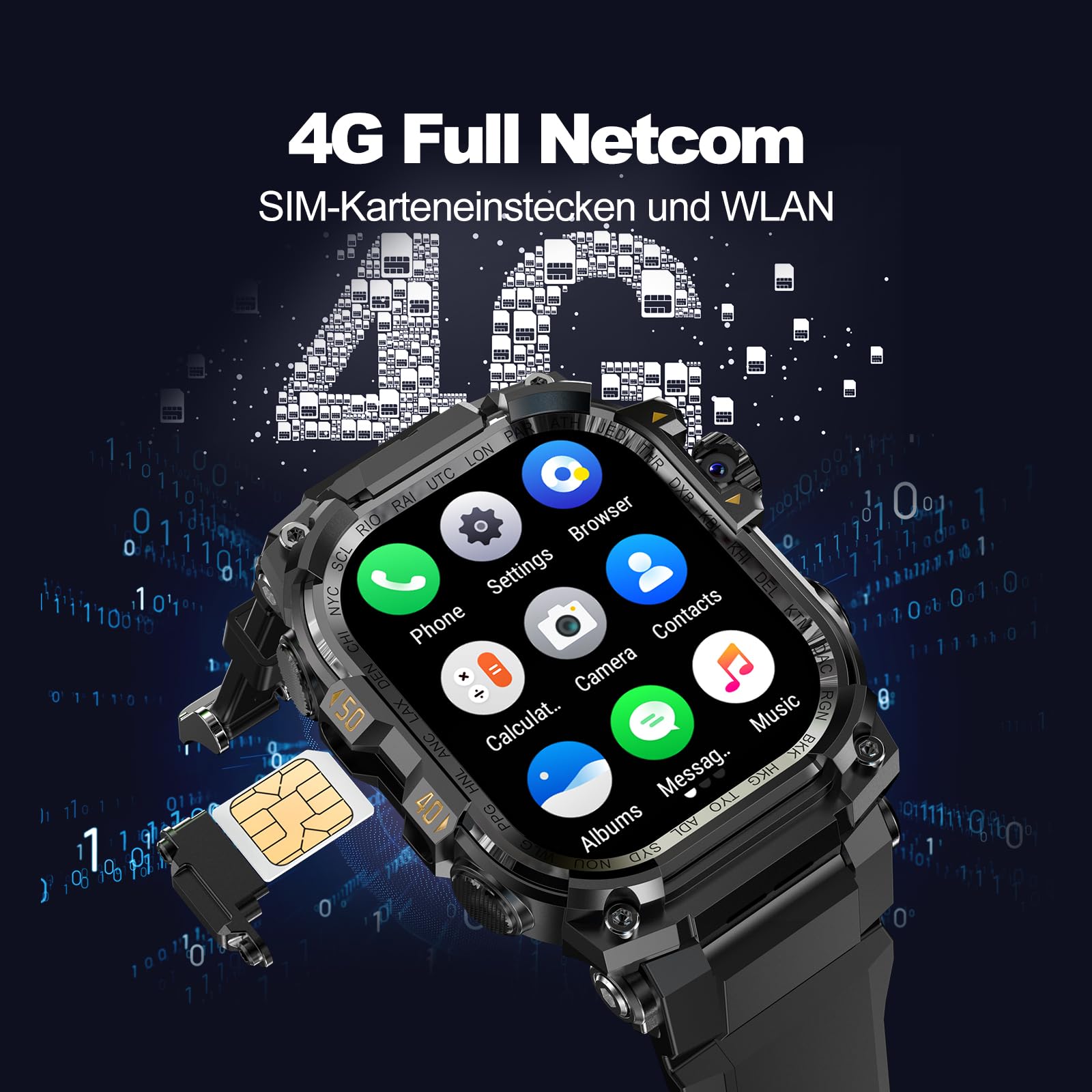 Mingtawn 4G-SIM-Karten-Android-Smartwatch mit GPS & WLAN, Militär-Outdoor-Uhr für Herren, 2,06″ AMOLED-Großbildschirm, HD-Kamera mit 180°-Drehfunktion (Schwarz)