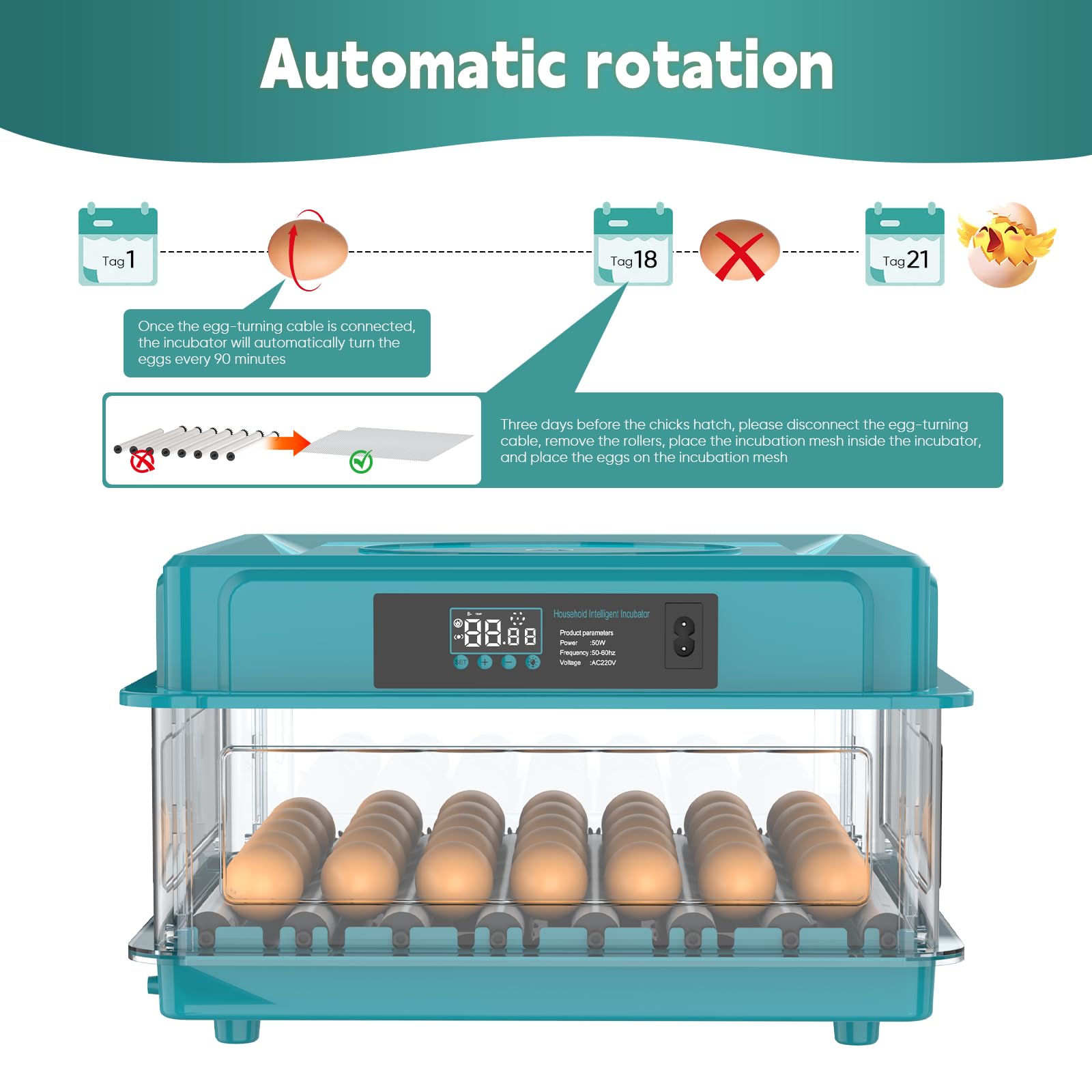 Brutautomat Vollautomatisch,Inkubator für 10-36 Eier mit Automatischem Wenden der Eier und Automatischer Befeuchtung,Brutkasten mit Feuchtigkeitsanzeige für Hühner,Enten,Gänse und Wachteln (36 Eier)
