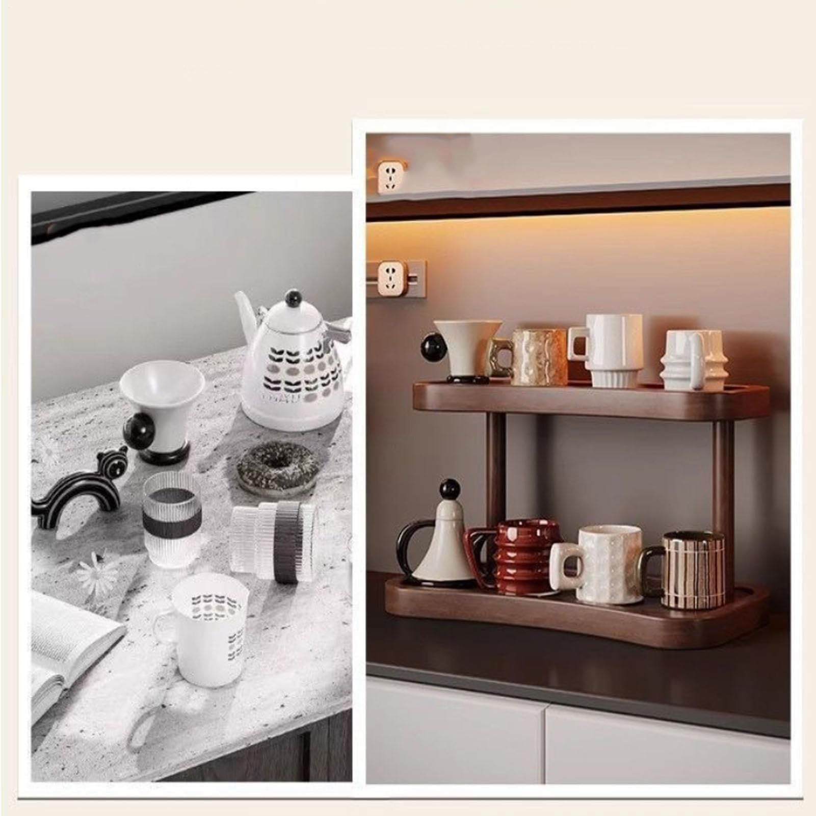 Supporto per tazze da caffè, a 2 ripiani, 40 x 20 x 22 cm, in legno composito, organizer da tavolo, per cucina familiare, dormitorio, interni, stazione caffè, bar, robusto, , elegante