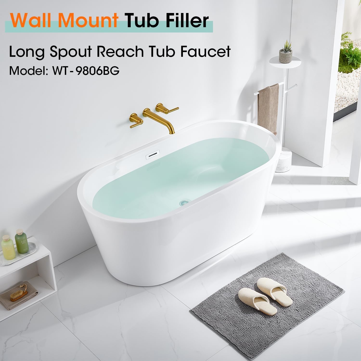 Wall Mount Tub Filler Long Spout Reach Faucet with Rough-in Valve High Flow 2-Handle Brass Roman Bath Faucet Set Brushed Gold (WT-9806BG)