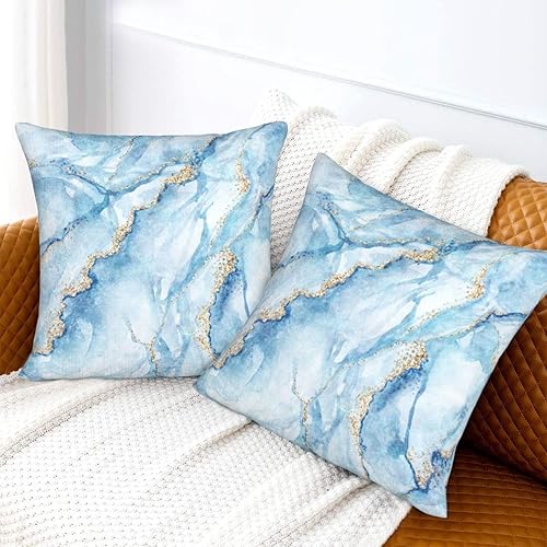 Miniatura 6 de Fiokroo Juego de 2 fundas de almohada cuadradas con textura de mármol azul con purpurina dorada fundas de almohada cuadradas para sofá dormitorio
