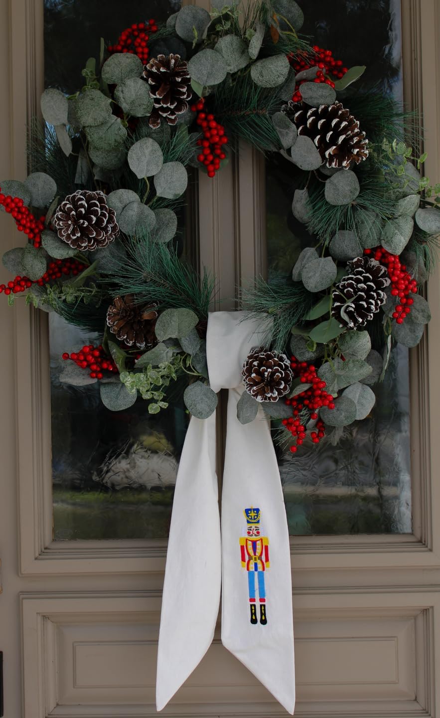 Wreath Sash for Front Door Decoration, Blank Embroidered Christmas Nutcracker Linen - 56" L x 4.5" W, Porch Accessories for Xmas Party Yard, Wedding, and Boxwood Decoration, Indoor Outdoor Décor