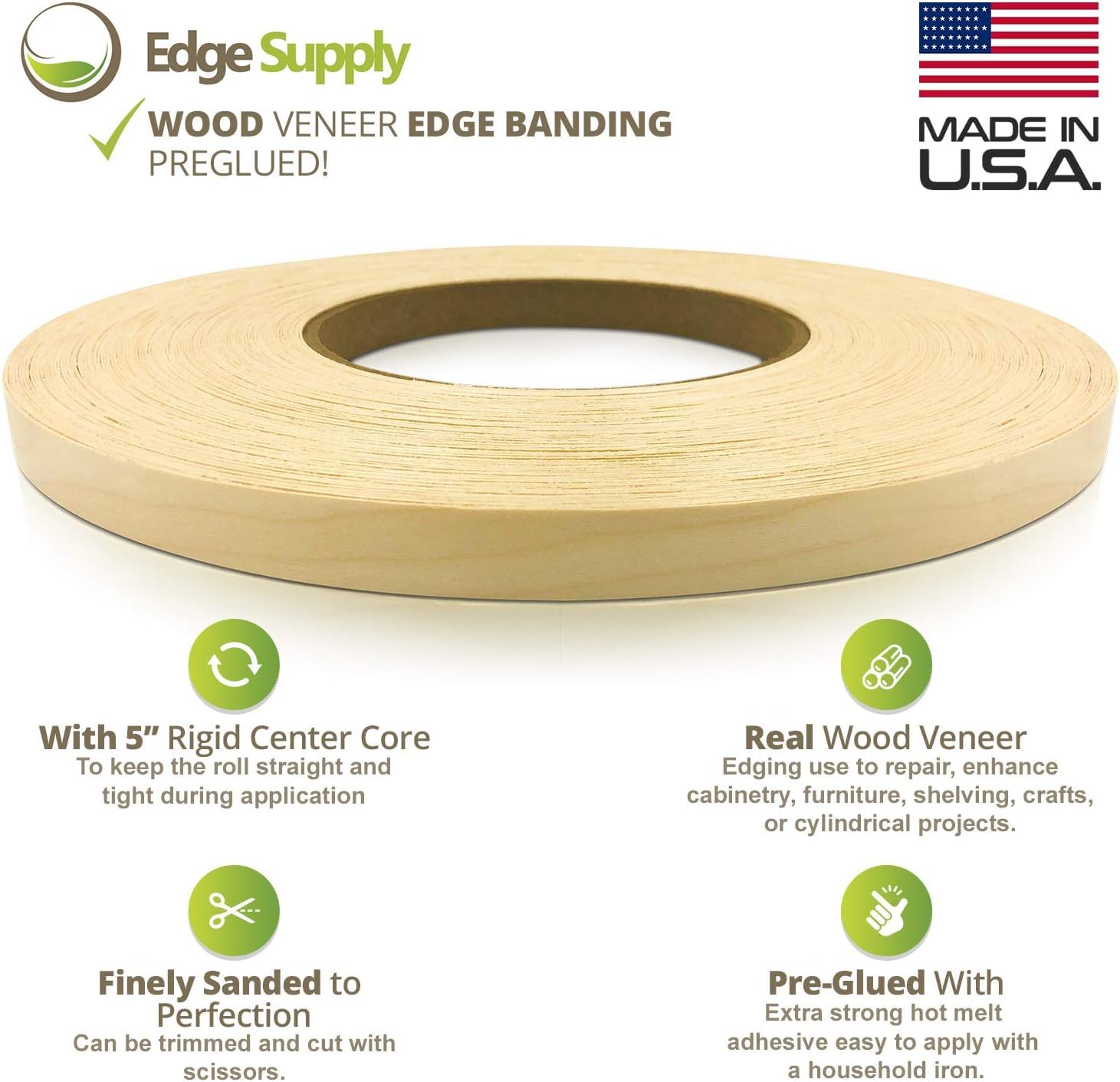 Edge Supply Birch 7/8” X 250' Roll of Plywood Edge Banding – Pre-glued Real Wood Veneer Edging – Flexible Veneer Edging – Easy Application Iron-on Edge Banding for Furniture Restoration – Made in USA
