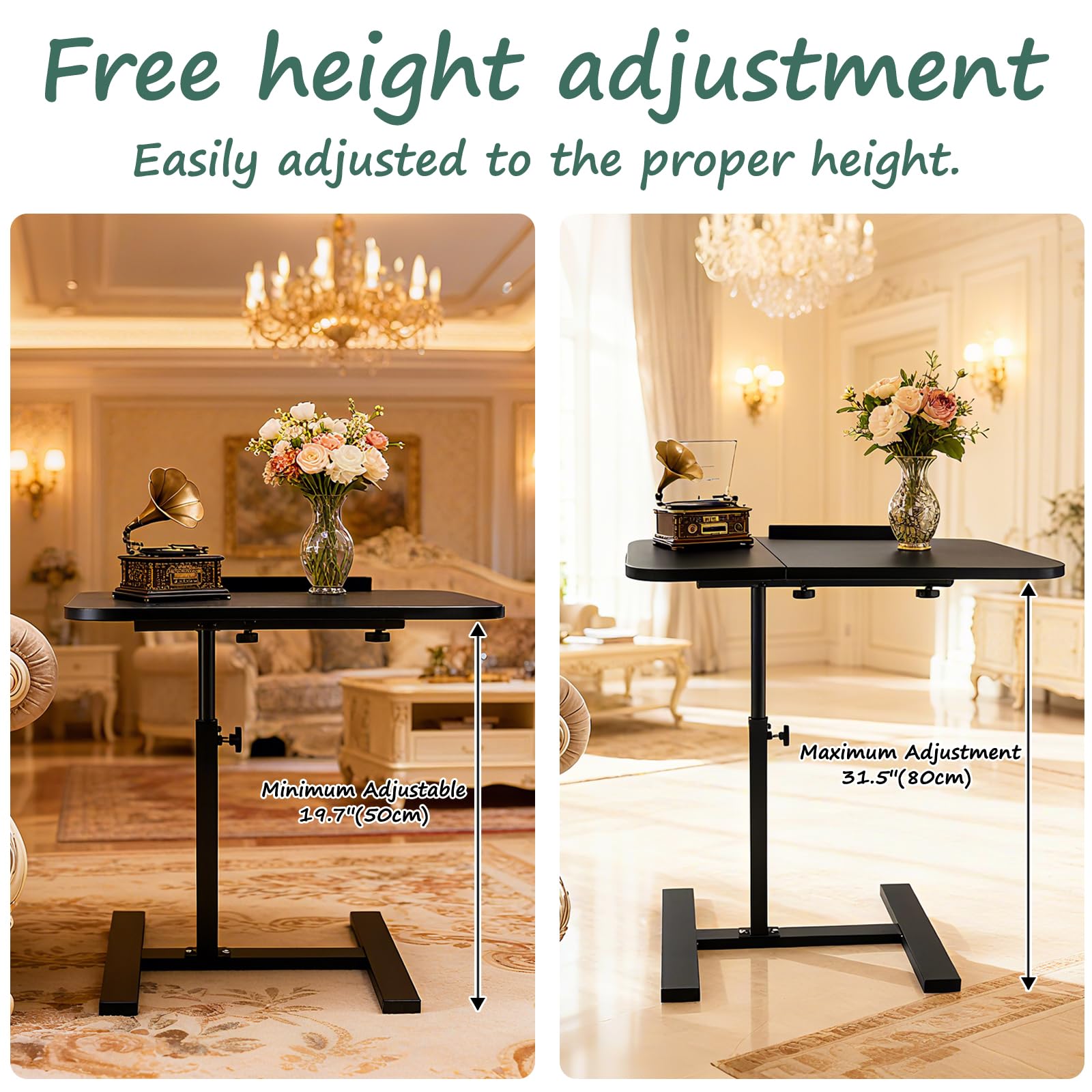YYW Table de lit réglable à roulettes avec plateau à roulettes pour ordinateur portable et hôpital réglable en hauteur (noir)