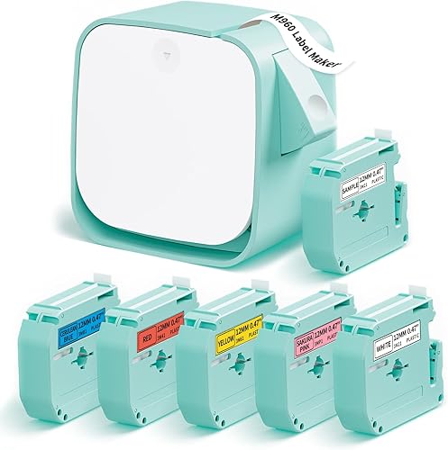 Vixic Máquina etiquetadora M960 con cinta, paquete con 5 cintas de color), 0.472in (0.47 pulgadas) negro sobre blancorosaamarilloazulrojo, fácil de