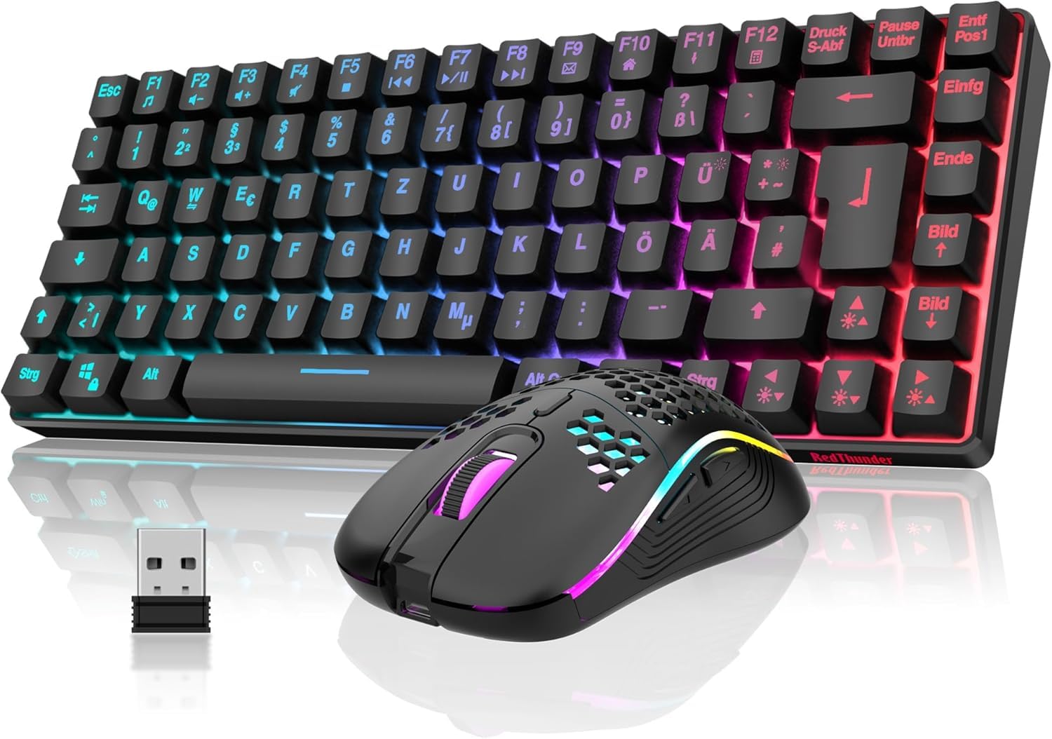 RedThunder K84 - Set tastiera e mouse wireless da gioco, layout QWERTZ DE, ricaricabile, compatta, ultraleggera, con struttura a nido d'ape per PC MAC PS5 Xbox Gamer