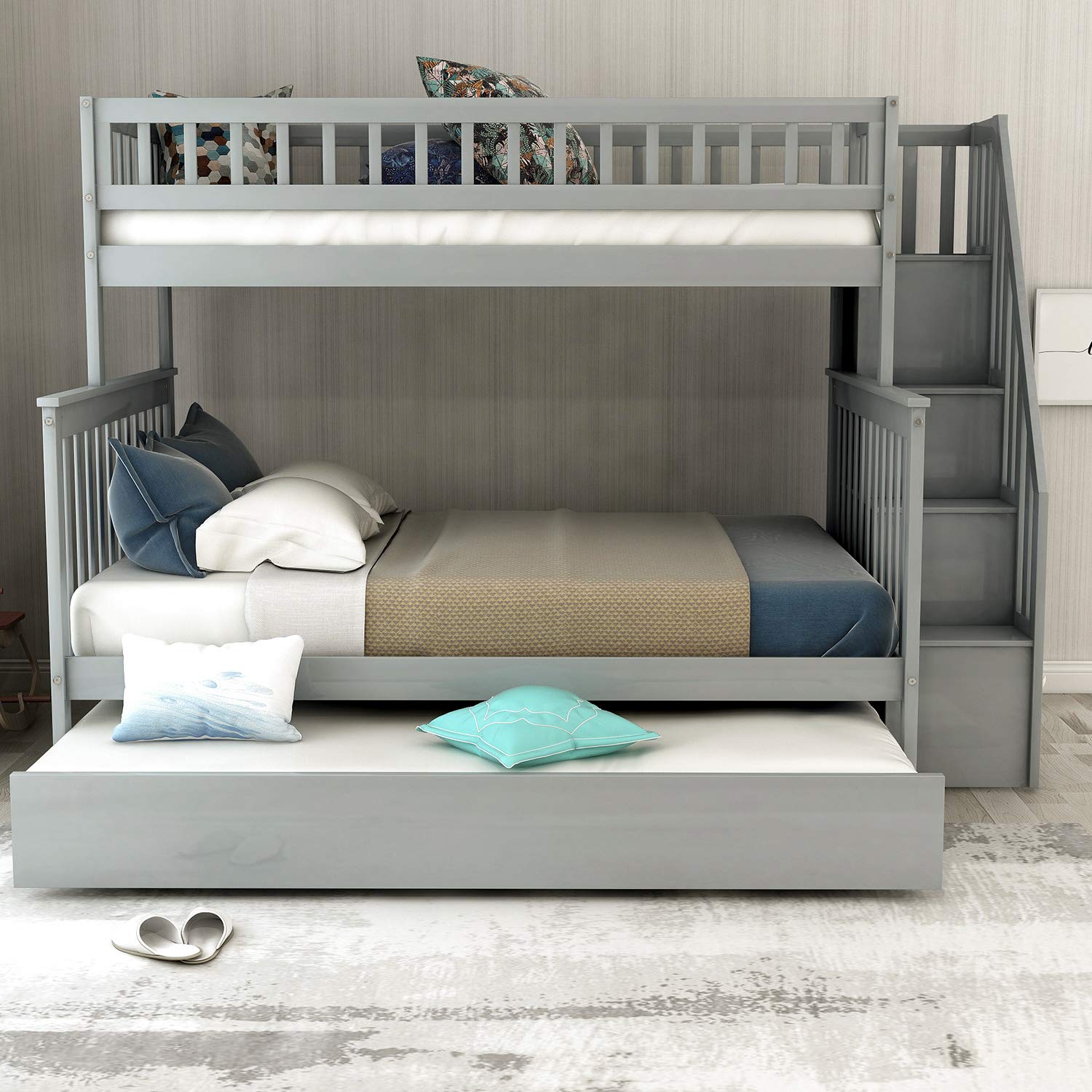 SOFTSEA Twin Over Full Bunk Bed with Trundle Solid Wood Bunk Beds with Staircase(Gray, Twin Over Full with Trundle)