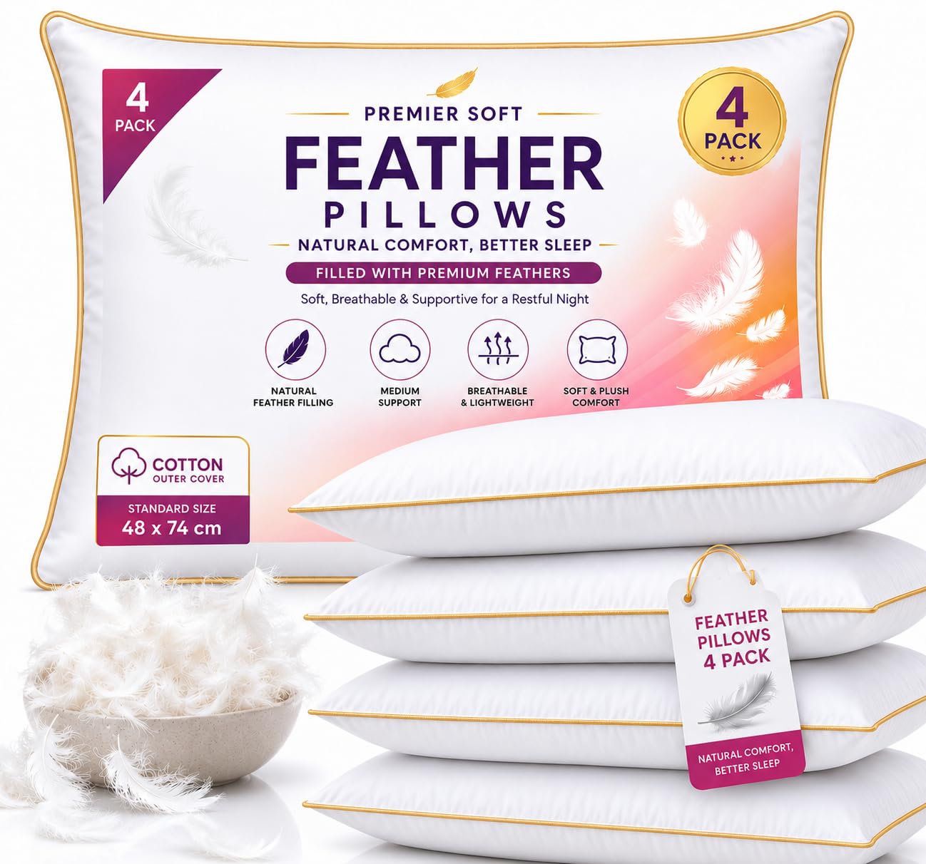 Ethereal Luxuries Hotel Quality Duck Feather Pillows 4 Pack | Luxury Micro-Feather Fill | Soft, Breathable Cotton Cover Bed Pillows | Fluffy Medium Support Sleeping Pillows UK Standard 48 x 74 cm