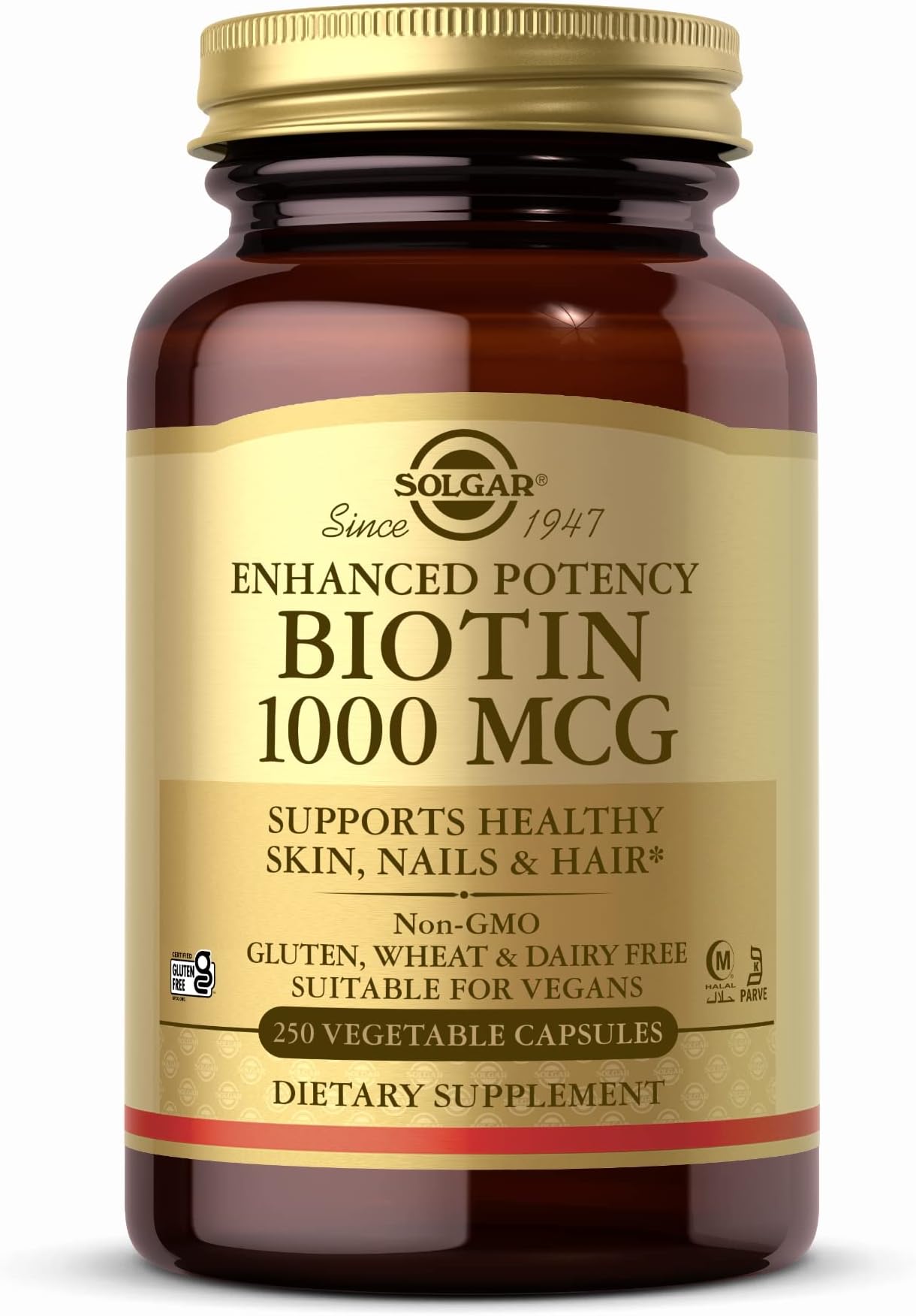 Solgar Biotin 1000 mcg - 250 Vegetable Capsules - Supports Healthy Skin, Nails & Hair - Non-GMO, Vegan, Gluten Free, Dairy Free, Kosher - 250 Servings