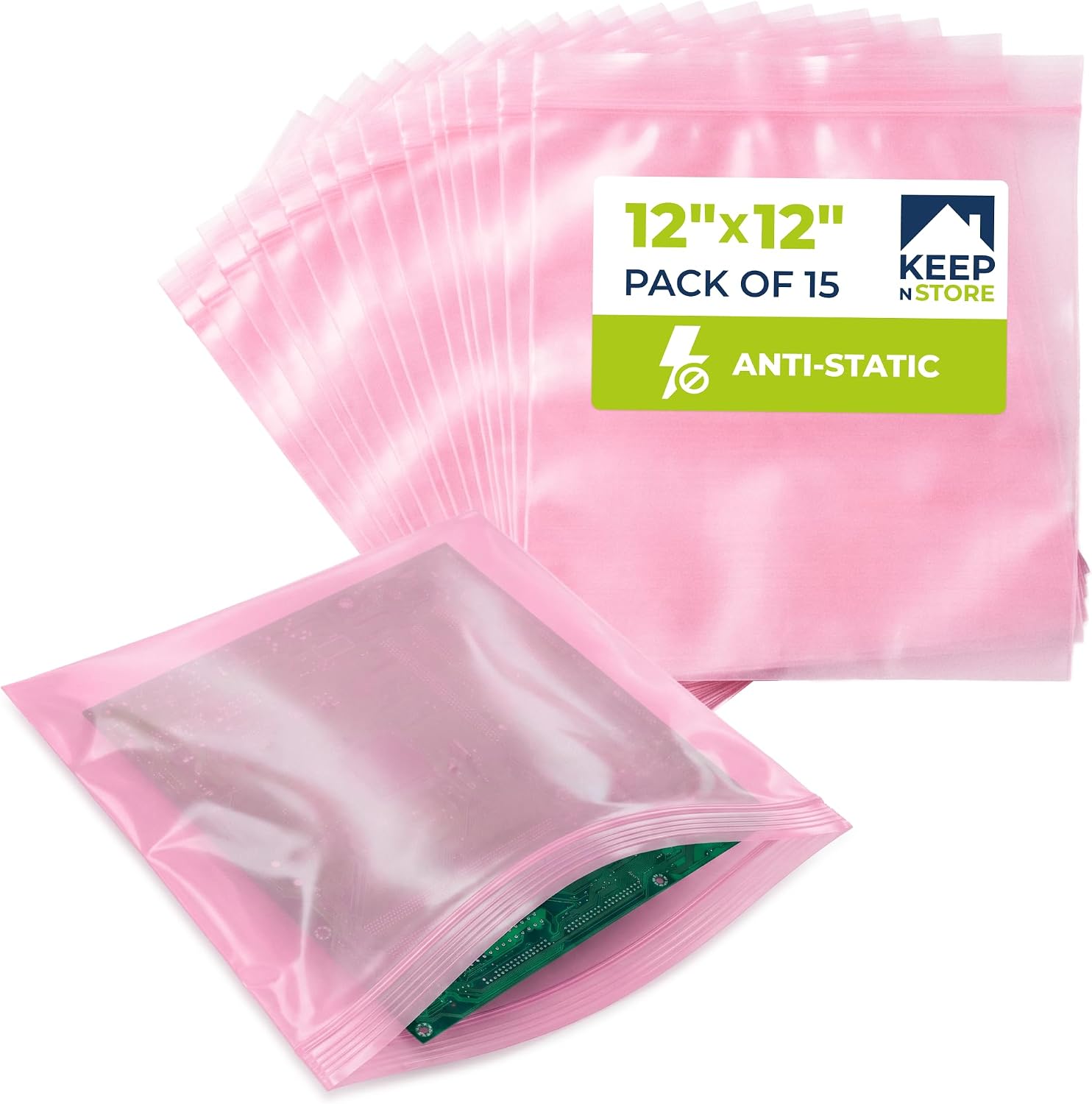 12" x 12" Pink Anti-Static Resealable Poly Bags, Pack of 15 - ESD Safe 4 Mil Plastic Bags for Electronics & Computer Parts, Industrial Anti-Static Packaging, Double-Track Zip Seal