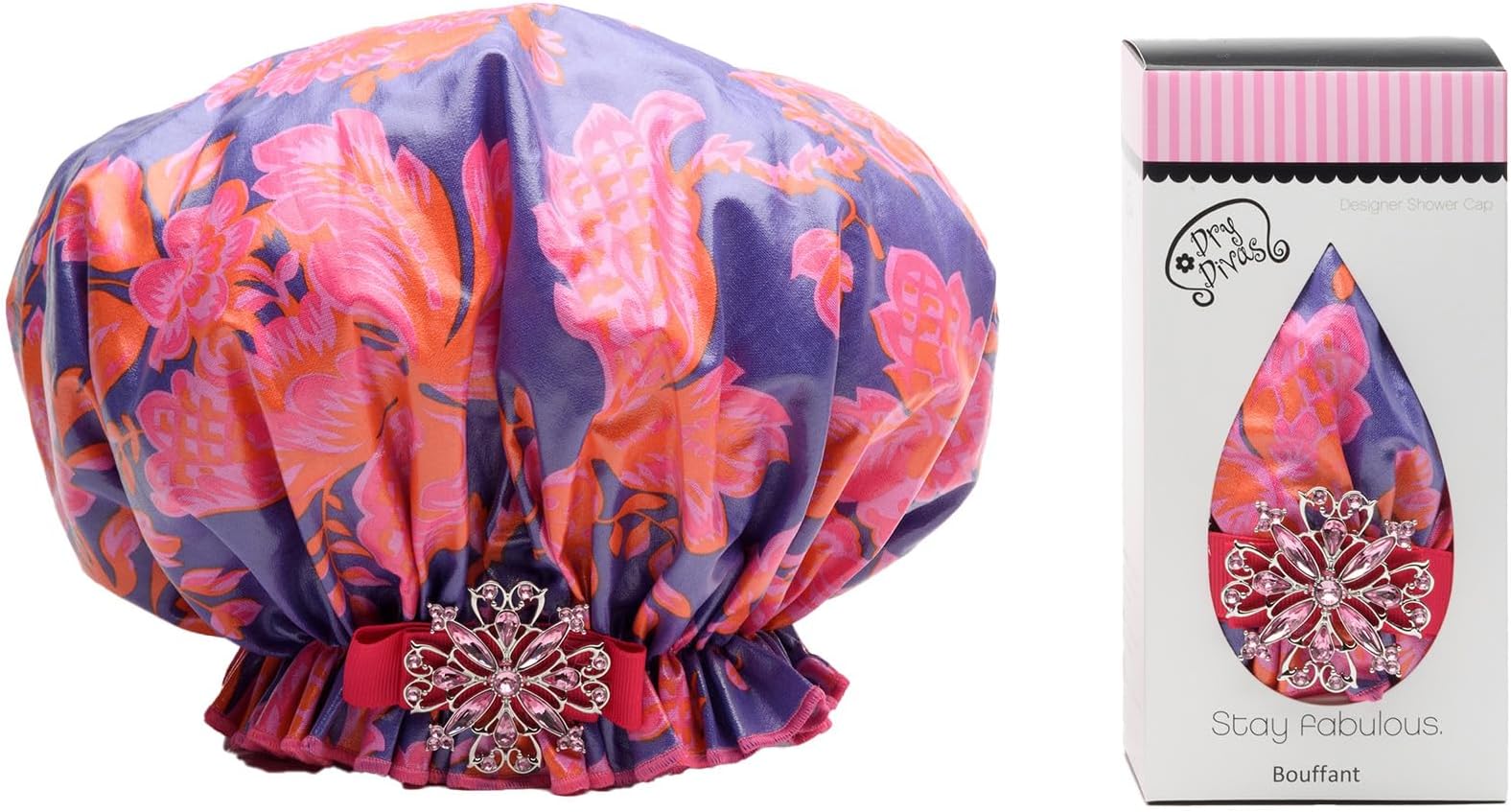 Designer Shower Cap - Washable, Reusable - Large Bouffant With Vintage Jeweled Brooch (Rendezvous With U)