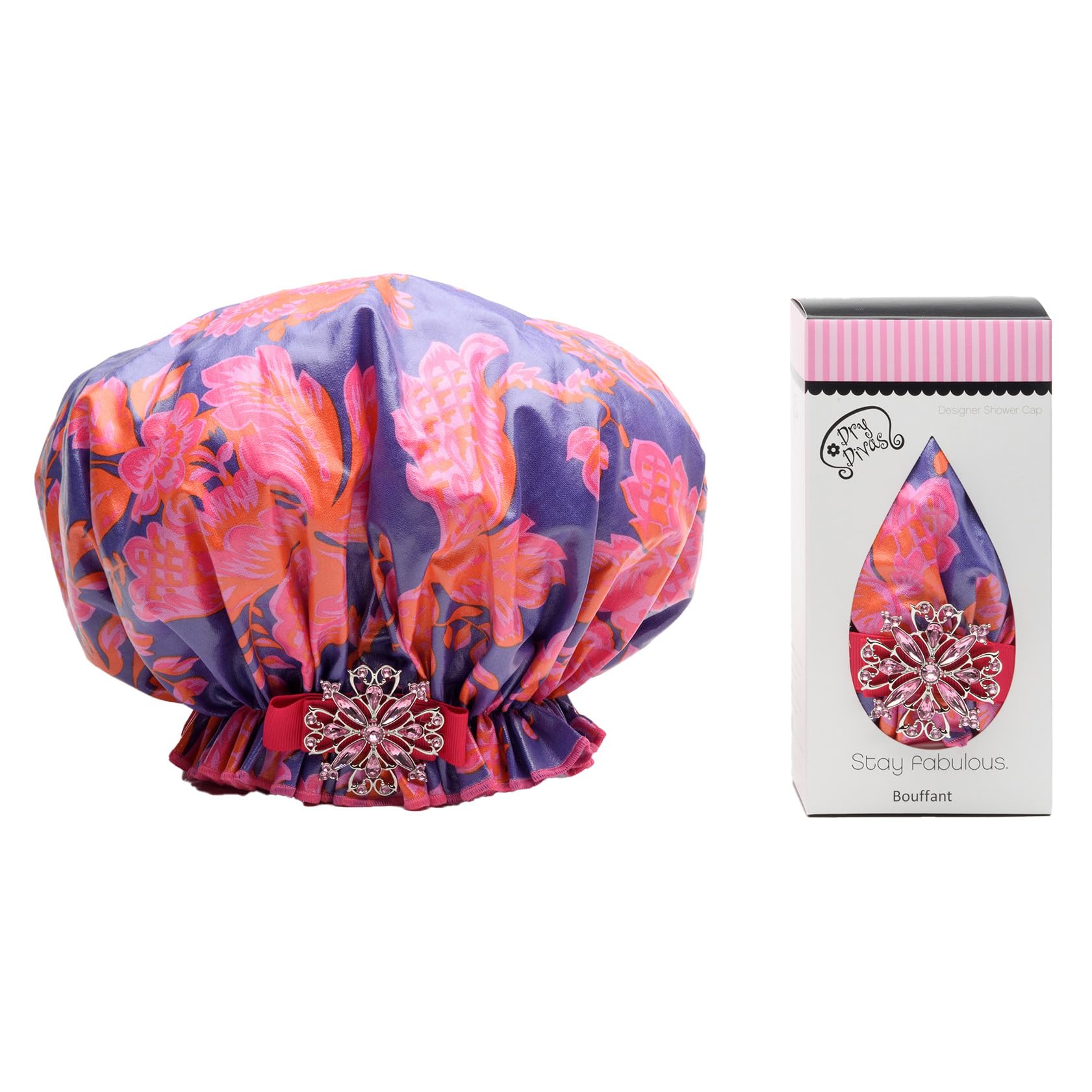 Designer Shower Cap - Washable, Reusable - Large Bouffant With Vintage Jeweled Brooch (Rendezvous With U)