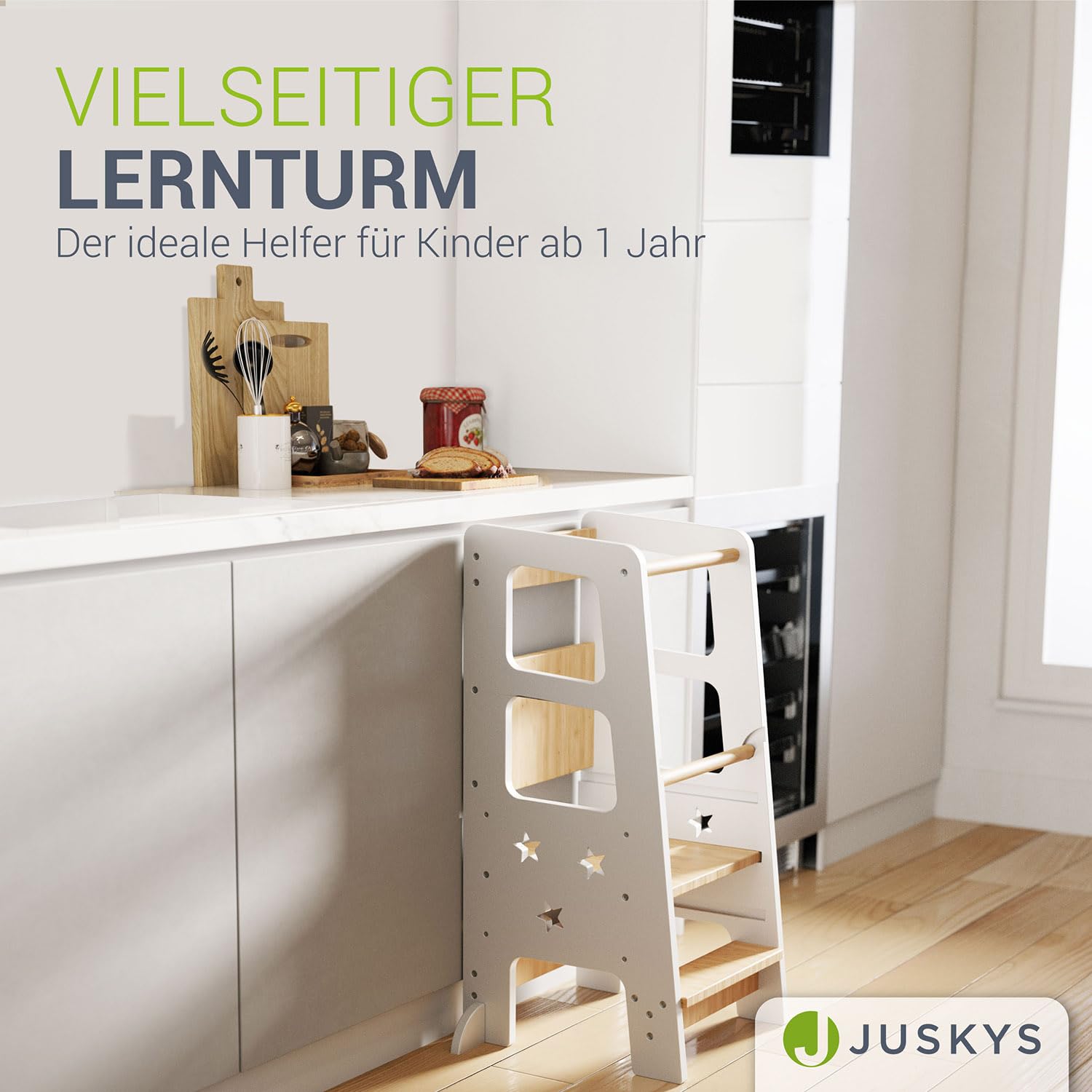 Juskys Lernturm Henny - für Kinder ab 1 Jahr, Stehhilfe, 3-Fach höhenverstellbar, Umkippschutz, Küchenhelfer - Weiß