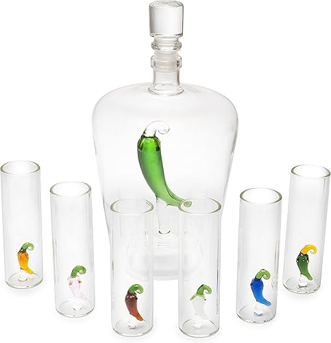 Vista 2 de Juego de Decantador de Tequila con Decantador de Pimienta y Juego de 6 Vasos de Chupito de Jalapeño, Perfecto para Regalos de Vacaciones