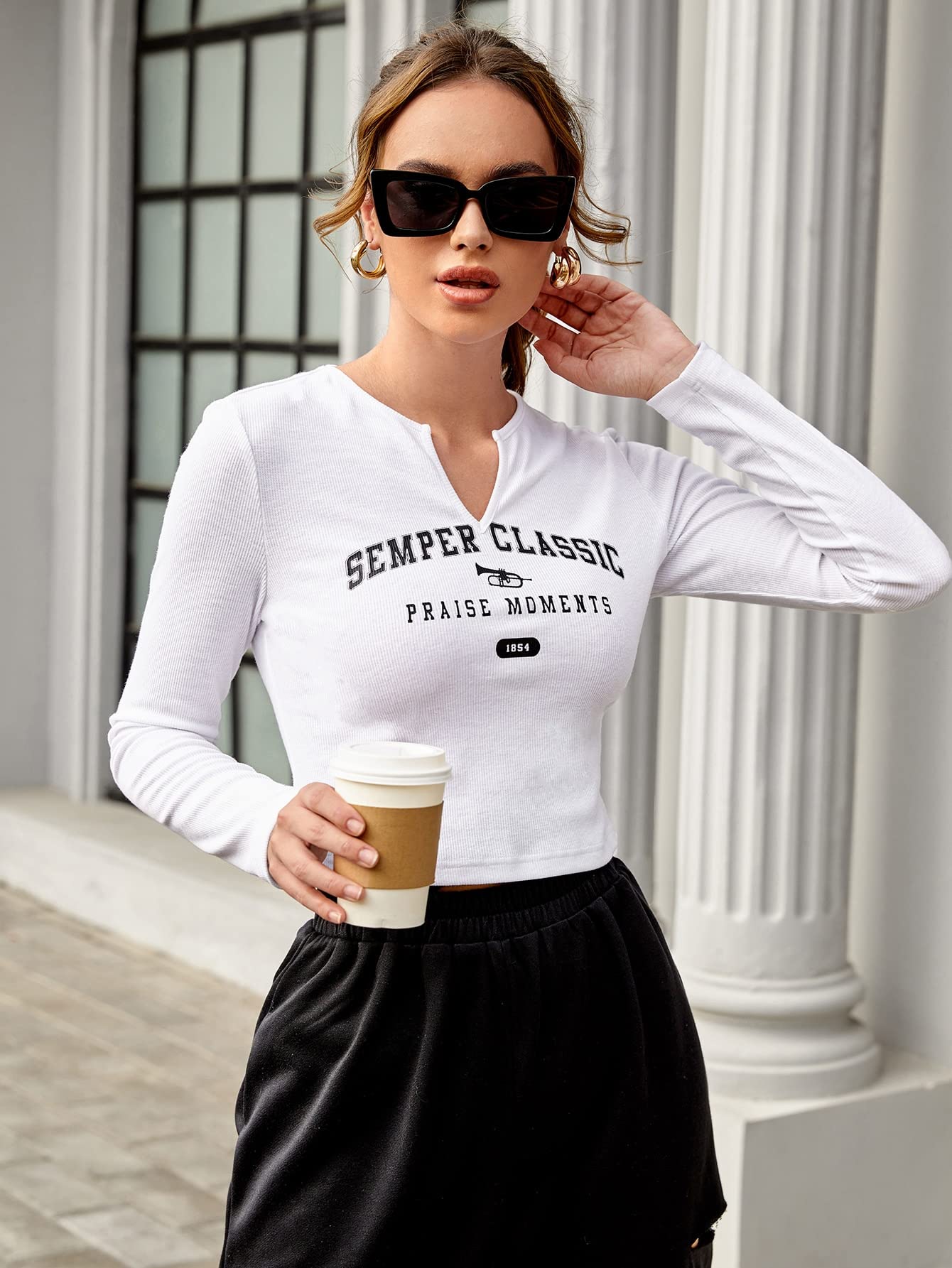 Haoyuce Women's Long Sleeve T-Shirt Women Letter Graphic Notched