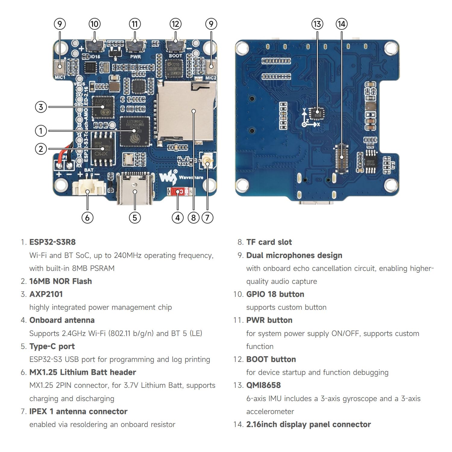 Waveshare ESP32-S3 2.16inch AMOLED Display Development Board, 480 x 480 Resolution, 16.7M Color, Supports Dual Microphones, 2.4GHz Wi-FI and BLE 5