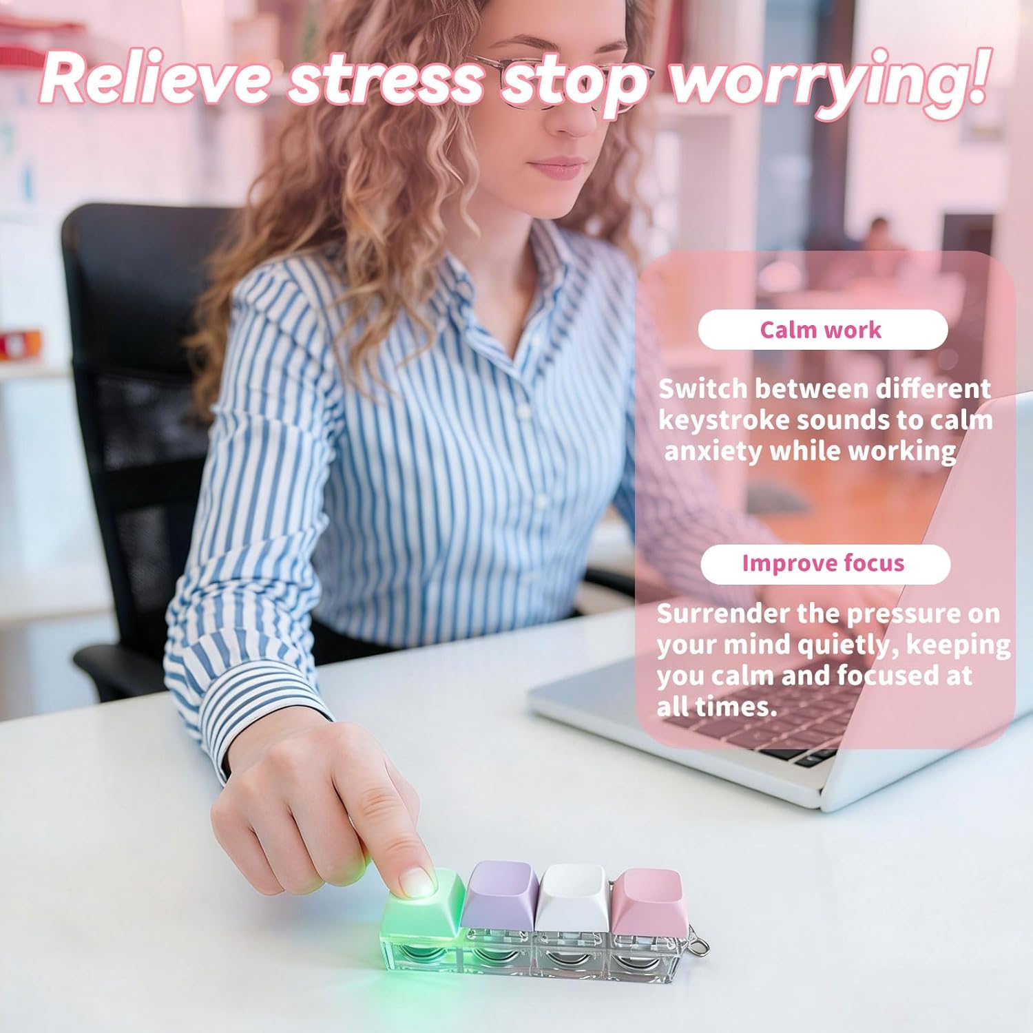Keyboard Fidget Clicker Toy - Mini Keychain with LED Lights & Loud Clicky Sounds, Zinc Alloy + ABS Stress Relief Gadget - Portable Anxiety Relief for Kids & Adults, Office Desk & Travel EDC (1pcs)