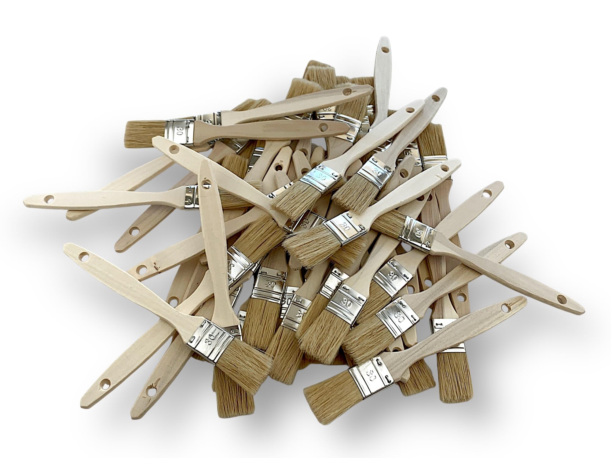 Lot de 50 pinceaux Queue de morue 30 mm | Soie Blanche Naturelle | Manche Bois Brut | Pinceaux Plats Multi-Supports | Peinture Huile, Acrylique, Vernis, lasure, Colle | Kibros 320_30x50
