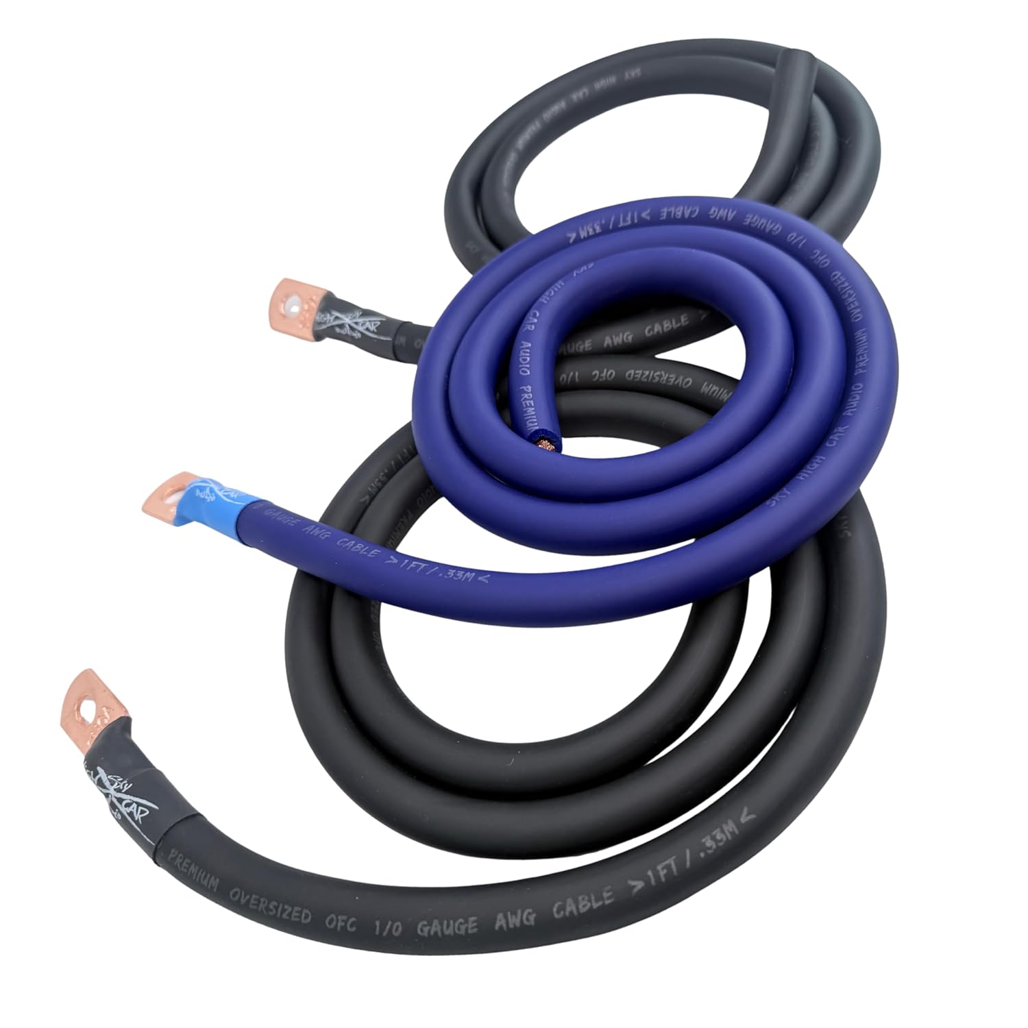 Sky High Car Audio 1/0 Gauge OFC Big 3 Upgrade Kit, Oxygen Free Copper Power Ground Wire Kit, Battery Cable & Alternator Wiring (Blue/Black)