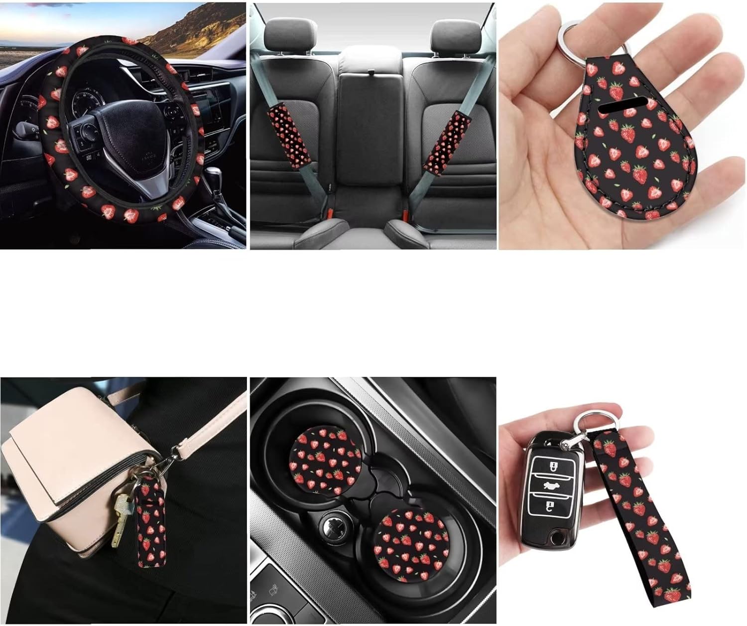 Strawberry Seat Covers for Car Women Auto Steering Wheel Cushion Long Round Keychains Cup Holder Coasters 12 Piece Auto Accessories Interior Set