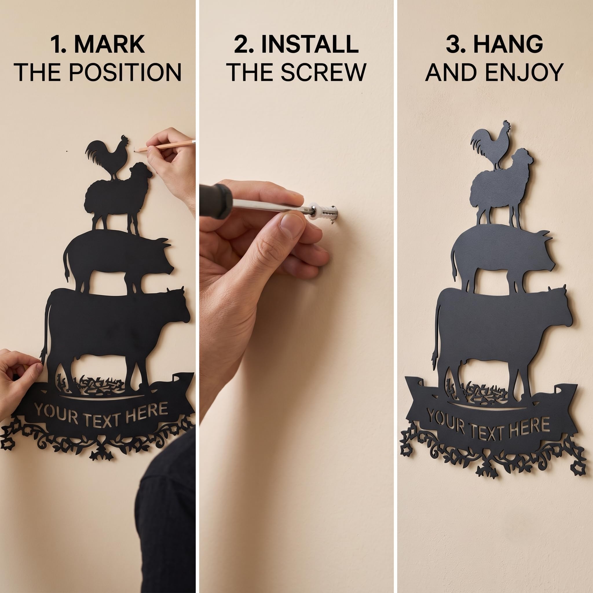 Arte de pared de metal personalizado con diseño de animales de granja, letrero de nombre de granja personalizado, decoración rústica de vaca, cerdo, oveja, gallo