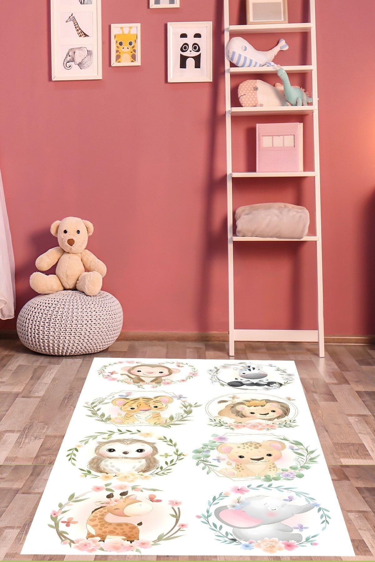 Pelangi Ormandaki Hayvanlar Fil Zebra Maymun Yıkanabilir Kaymaz Taban Leke Tutmaz Çocuk Odası Halısık, Beyaz-Kırmızı 100 x 600, 76420071006001