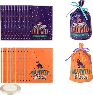 Bimkole Halloween 100 Pcs Candy Bags with Satin Ribbon Bag Pumpkin Cat Pattern Goody Bags for Party Favors Gift Decor 7.8 x 5.5 Inch (50 & 50 Pcs)