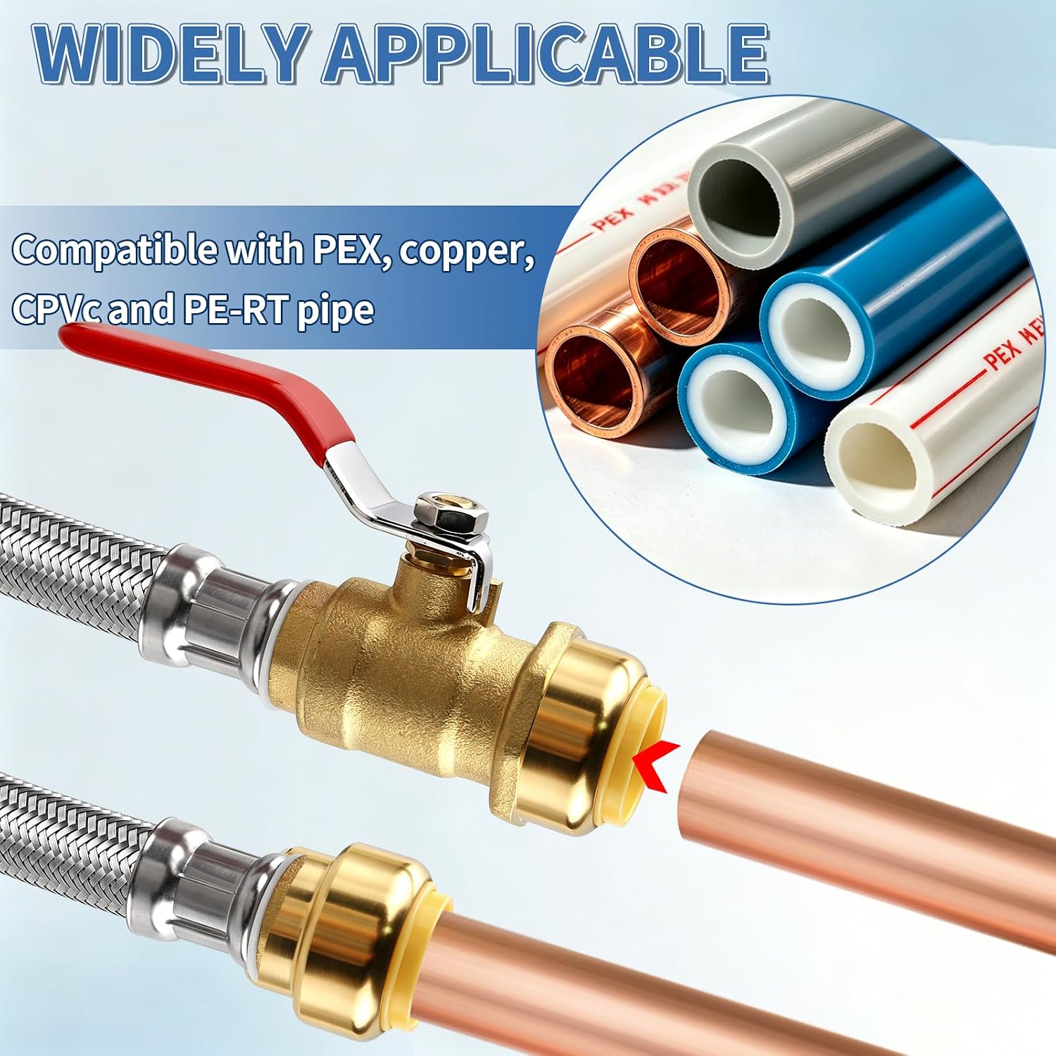 24" Water Heater Connector Kit 3/4" Push Fit Ball Valve x 3/4" FIP | Stainless Steel 24 inch Braided Water Heater Supply Line Hose, Push to Connect No-Lead Brass Plumbing Fitting Copper Pex CPVC