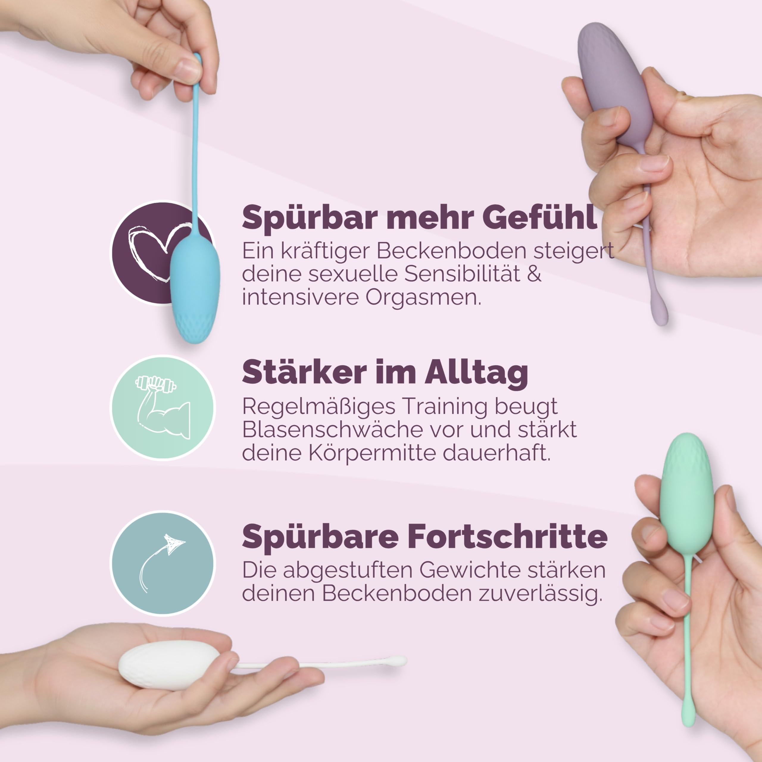Livella | Beckenboden-Trainer mit 6 Gewichten 25-110 g, Vaginalkugeln aus Silikon mit Rückholband, abgestuftes Set für dein Training, vor und nach der Geburt, 6 Farben