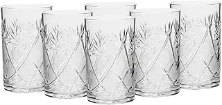 Russian Collection SET of 6 x 8.5 oz. Traditional Cut Crystal Drinking Glasses, fits metal Glass Holder "Podstakannik", Tempered for Hot and Cold Liquids, Vintage Design