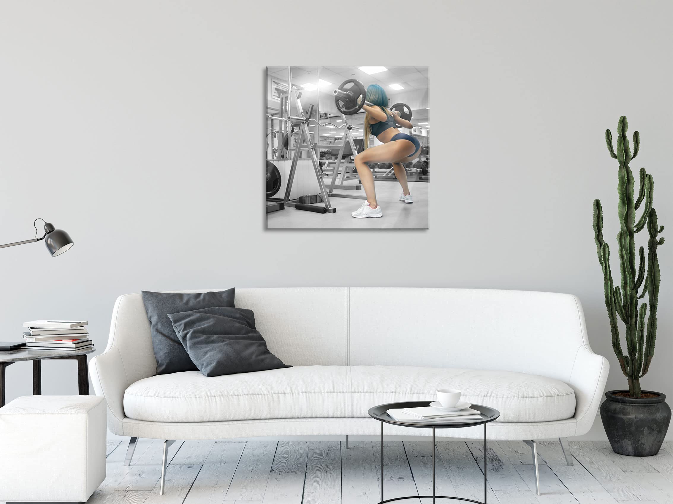 Pixxprint Tableau en verre - Décoration murale sur verre véritable - Femme sportive avec barre d'haltère - 50 x 50 cm - Avec suspension et entretoises