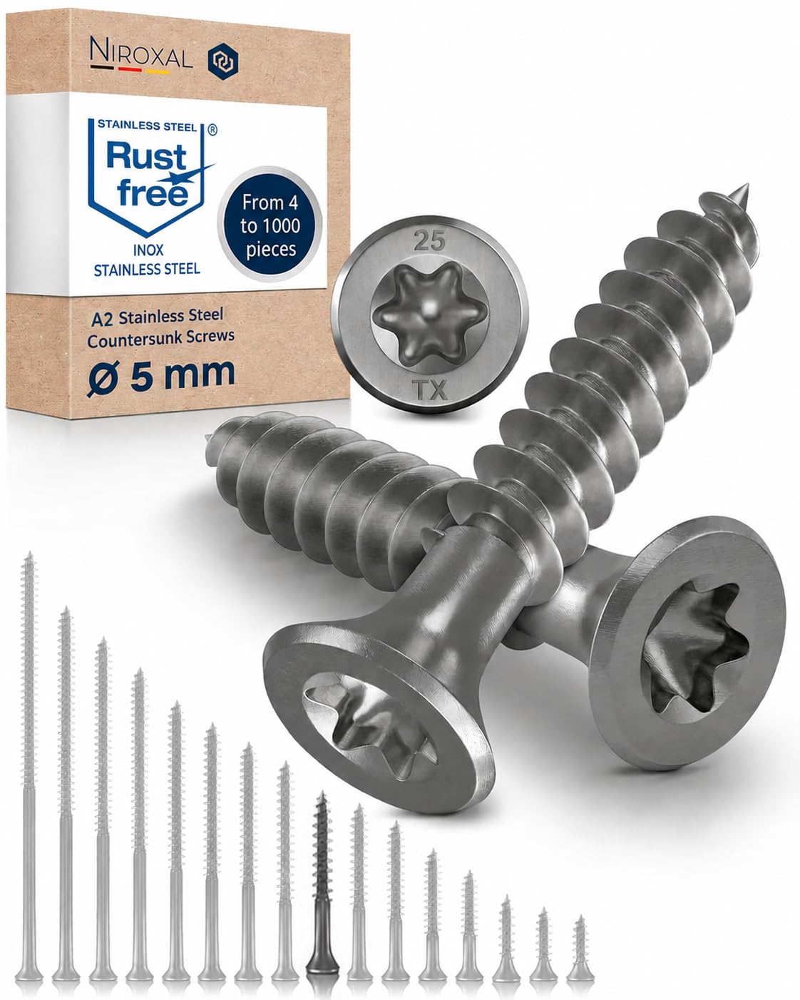 Wood Screws 5x50 mm Stainless Steel 304 Torx Countersunk Head Partial Thread Chipboard Screws Pack of 100 NietFullThings