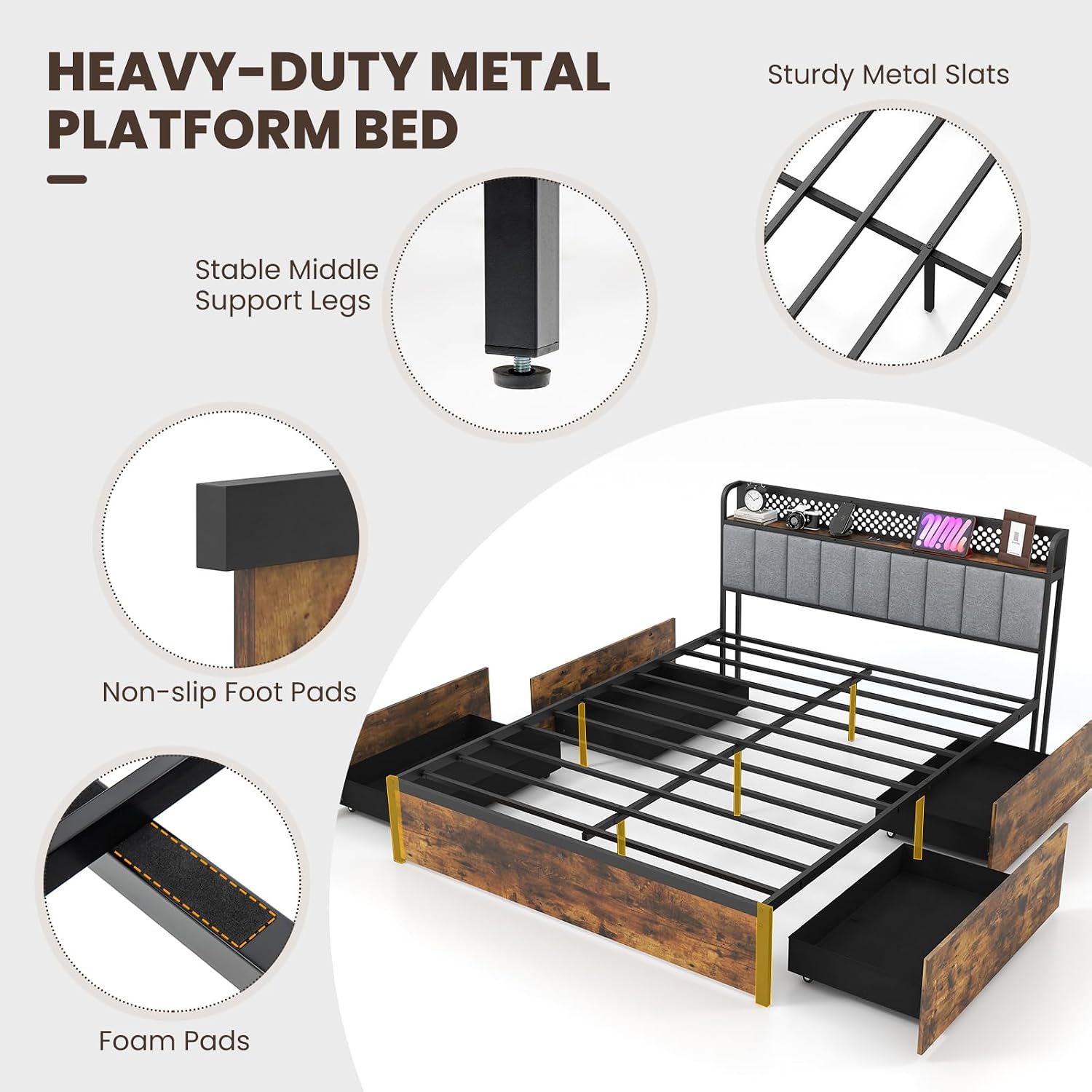 Giantex Queen LED Bed Frame with Charging Station, Metal Platform Bed with Upholstered Headboard & 4 Storage Drawers, Noise Free, No Box Spring Needed, Smart Bed Queen Size, Rustic Brown