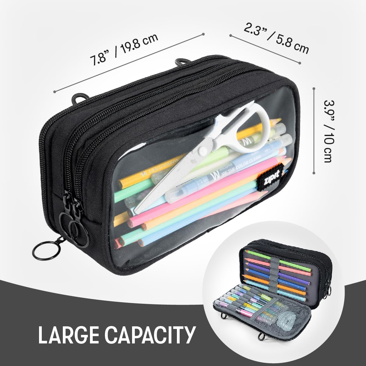 ZIPIT Half & Half Pencil Case, 3-Compartment Aesthetic Zipper Pouch, Black image 2