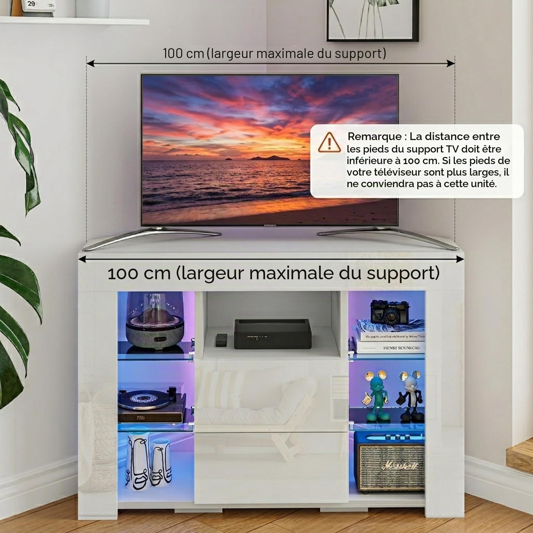 Dripex Meuble TV d'angle avec Lumières LED Brillant Convient pour Salon ou Chambre 100x68x40 cm, Blanc