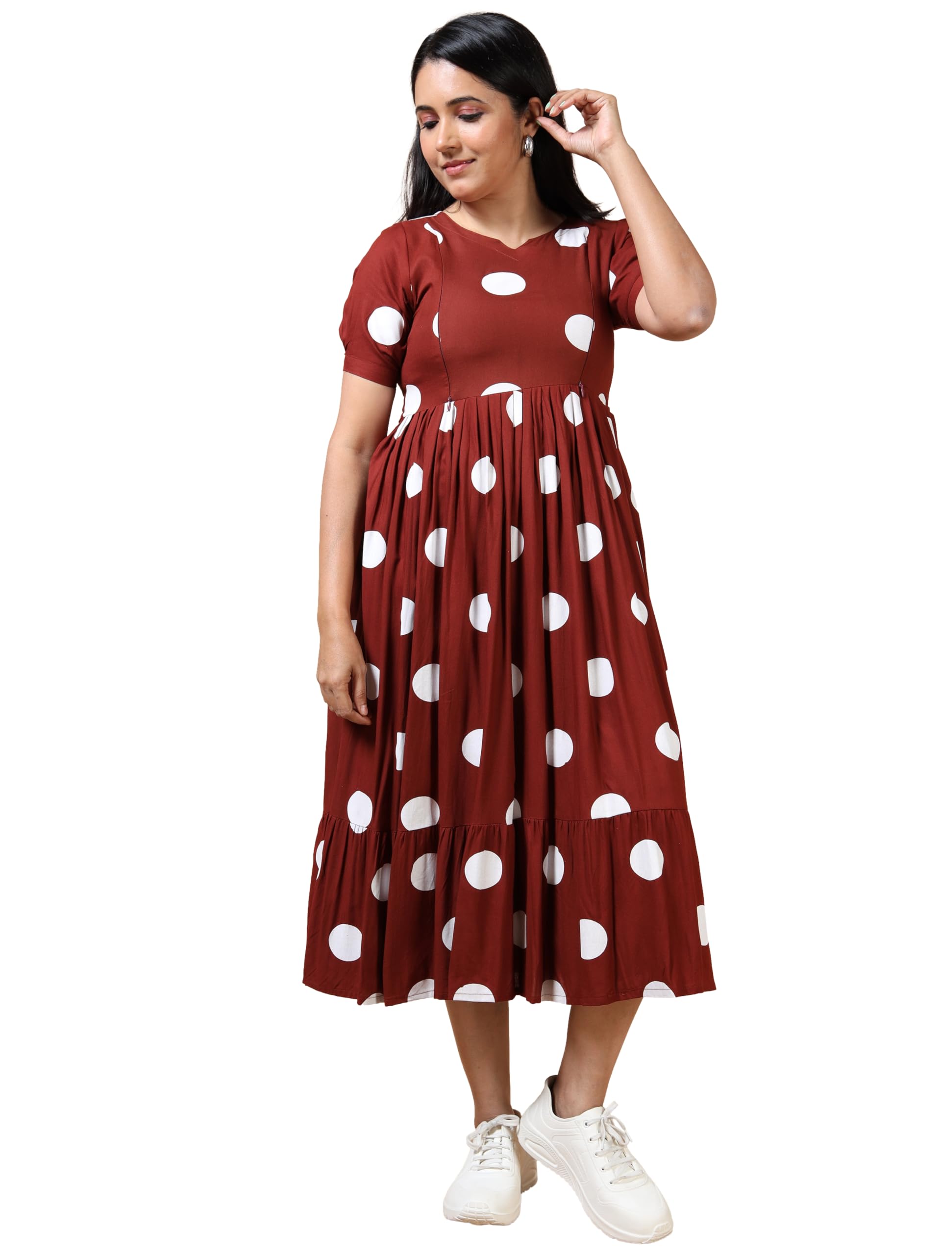 Maternity Nursing Dress, Maroon with White Polka Dots Floral Print Cotton Mid-Calf Side Zipper for Feeding Regular Fit-image-38
