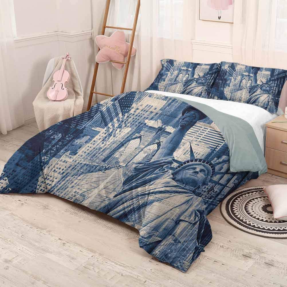 prunushome United States Bedspread Coverlet SetDouble Exposure Image of Statue of Liberty with New York Buildings Comfy Bedding Dark Blue Purplegrey 80x90in/20x30inx2