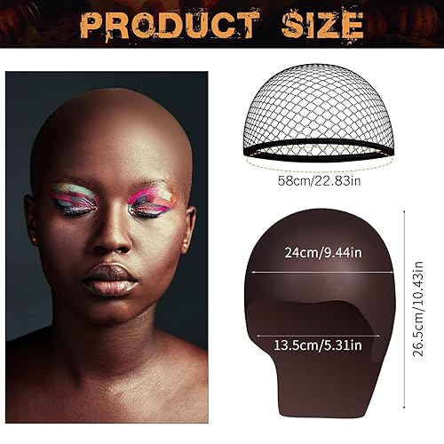 Dark Brown Bald Cap SFX Makeup Kit,Black Wig Cap with Professional Skin Water-Based Acrylic Adhesive(Bonding Glue) for Deep Skin Tones Men,Ideal for Halloween Costumes, Cosplay(dark brown bald cap kit)