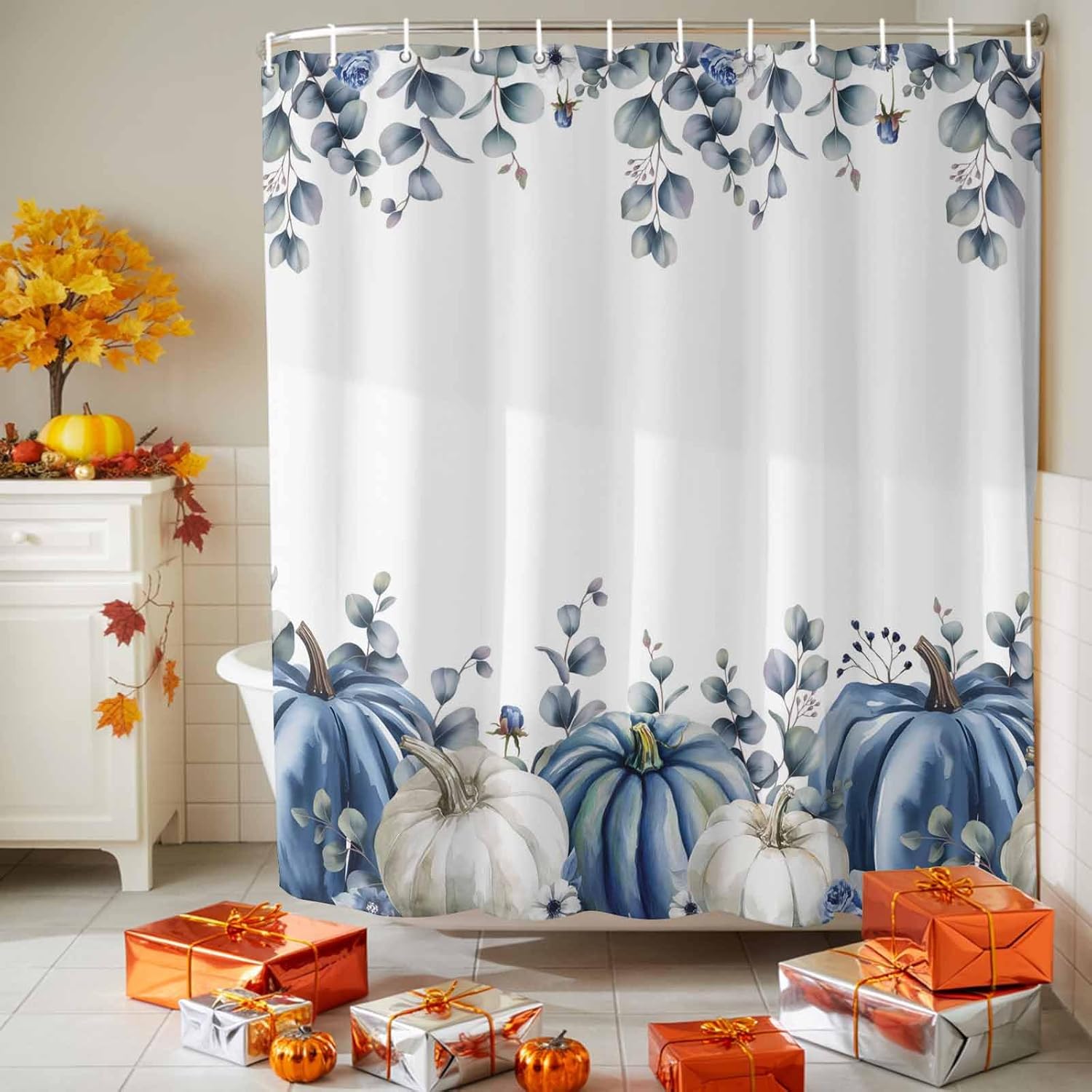 LooPoP Blue Pumpkin Shower Curtain for Bathroom White Pumpkins Green Leaves Bathroom Curtains with Hooks, Waterproof Polyester Fabric Fall Shower Curtains Holiday Thanksgiving Decor 54x78 Inch