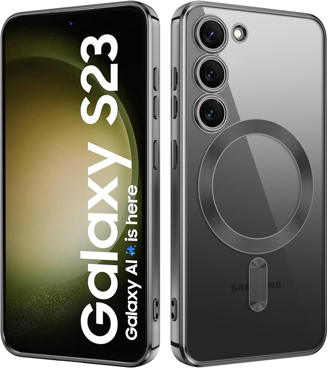 VONZEE Clear Logo Electroplating Transparent Case for Samsung Galaxy S23 5G, Magnetic Plating [Support for MagSafe Charger] Electroplate TPU Cover- Black