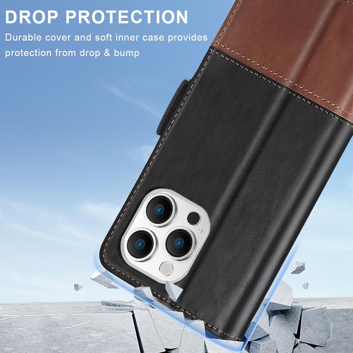 KEZiHOME Compatible with iPhone 16 Pro Max Wallet Case, Genuine Leather Case Flip Cover, RFID Blocking Card Holder Magnetic Stand Flip Phone Case for iPhone 16 Pro Max 5G 6.9 inch (Black/Brown)