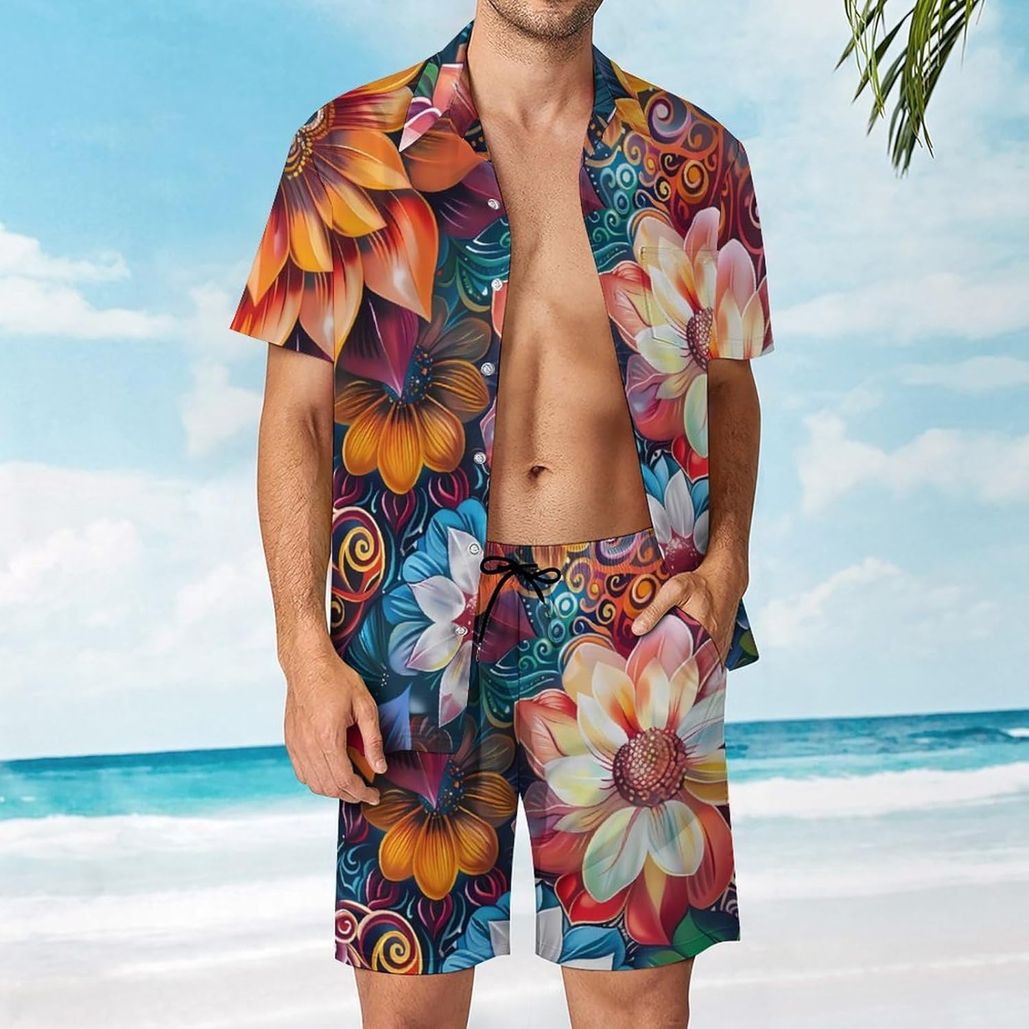 Colorful Floral Mandala Men's Summer Beach Outfits Shirt And Shorts Set 2 Piece Vacation Swimwear