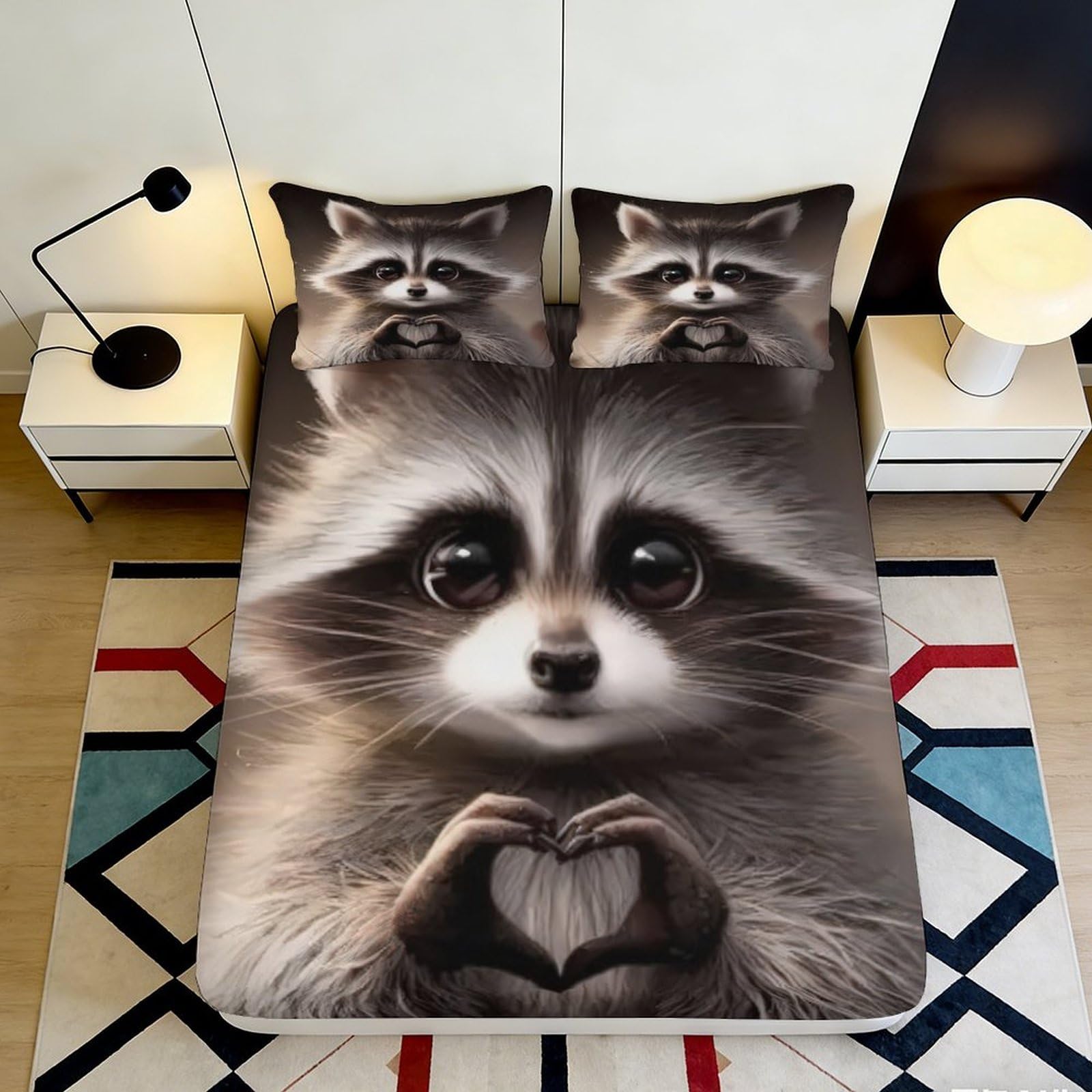 Pnayamiorkfel Style-3 3D Printed Cute Raccoon Fitted Sheet Microfiber Soft Anti-Slip Cartoon Heart Bed Cover For Bedroom Guest Room Decor 90X200x25cm