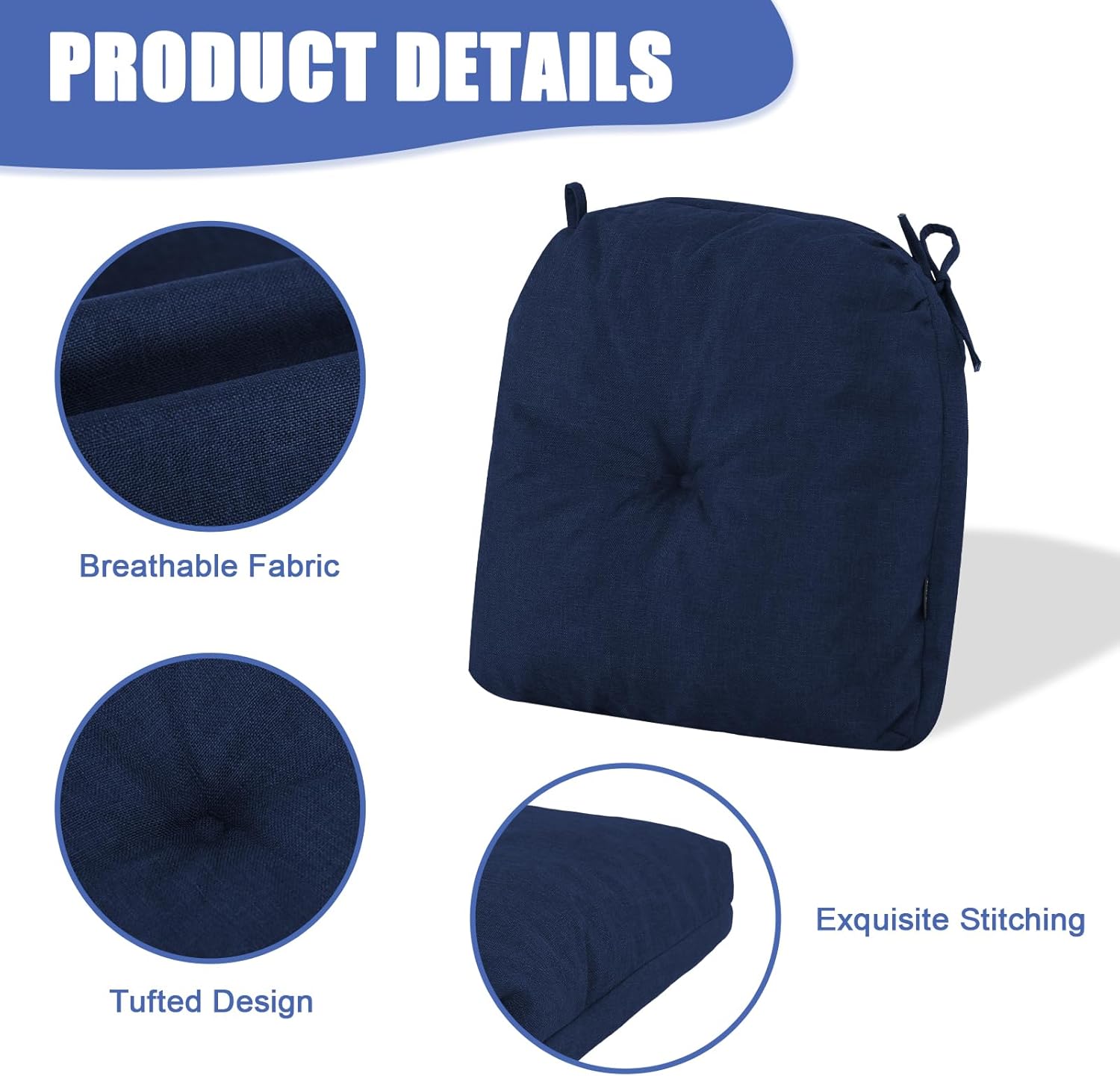idee-home Chair Cushions for Dining Chairs Set of 4, Tufted Kitchen Chair Cushions Pads U-Shaped with Ties and Non Slip Backing, Seat Pads, 16.5 x 16.5 Inches, Navy