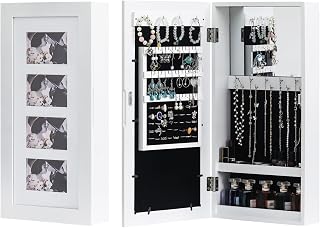 Mirror Jewelry Cabinet - Hanging Large Storage Armoire Organizer | 24.4-Inch Tall Lockable Wall or Door Mounted with Cosmetic Tray, Shelves Gift Idea White