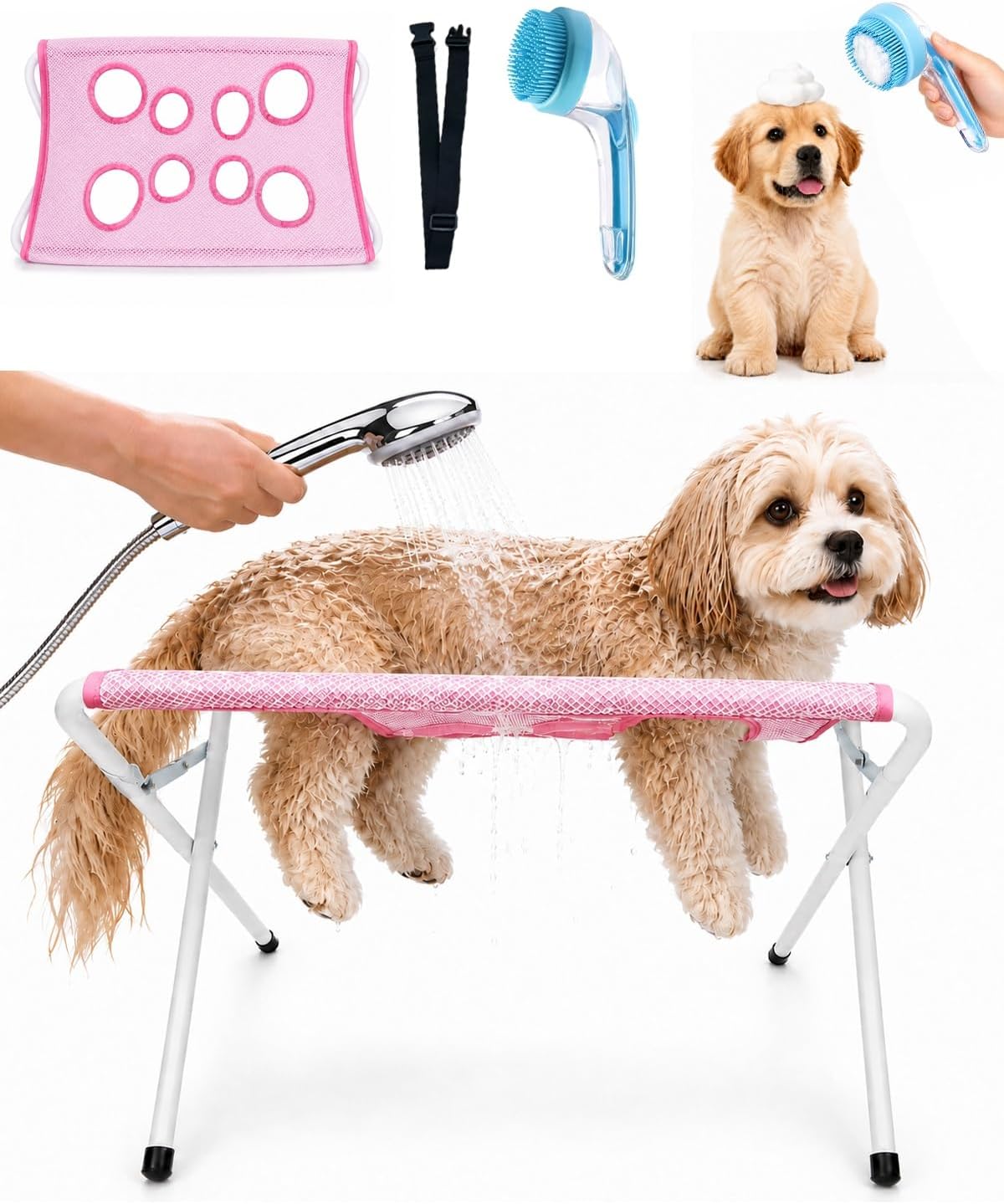 Foldable Pet Bathing Stand, Dog Grooming Hammock with Quick-Dry Mesh, 44 lb