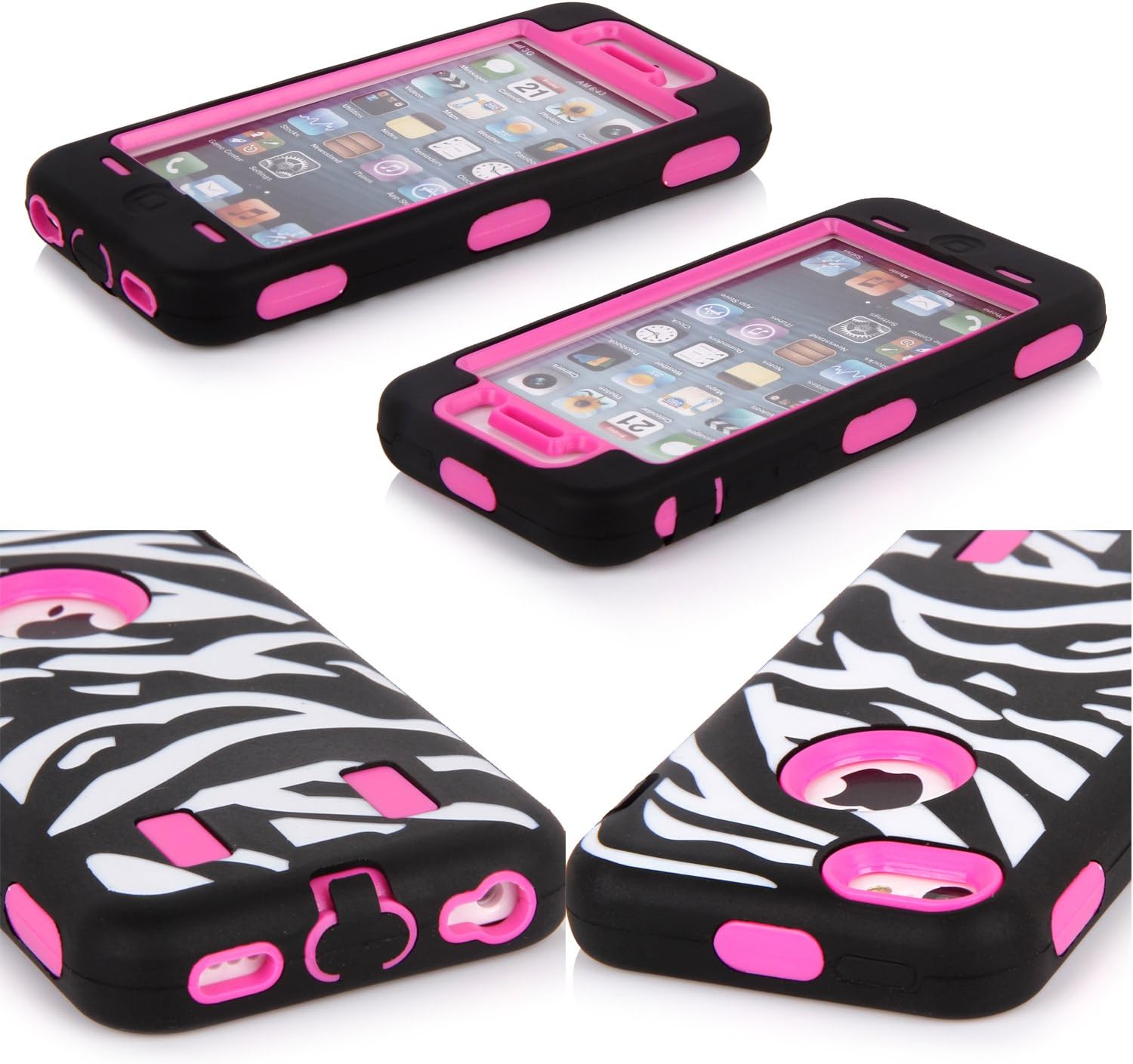 iPhone 5C Case, E LV heavy Duty Rugged Dual Layer Hybrid Armor Defender Case Cover for iPhone 5C with 1 Screen Protector, 1 Stylus and 1 Microfiber - ZEBRA HOT PINK