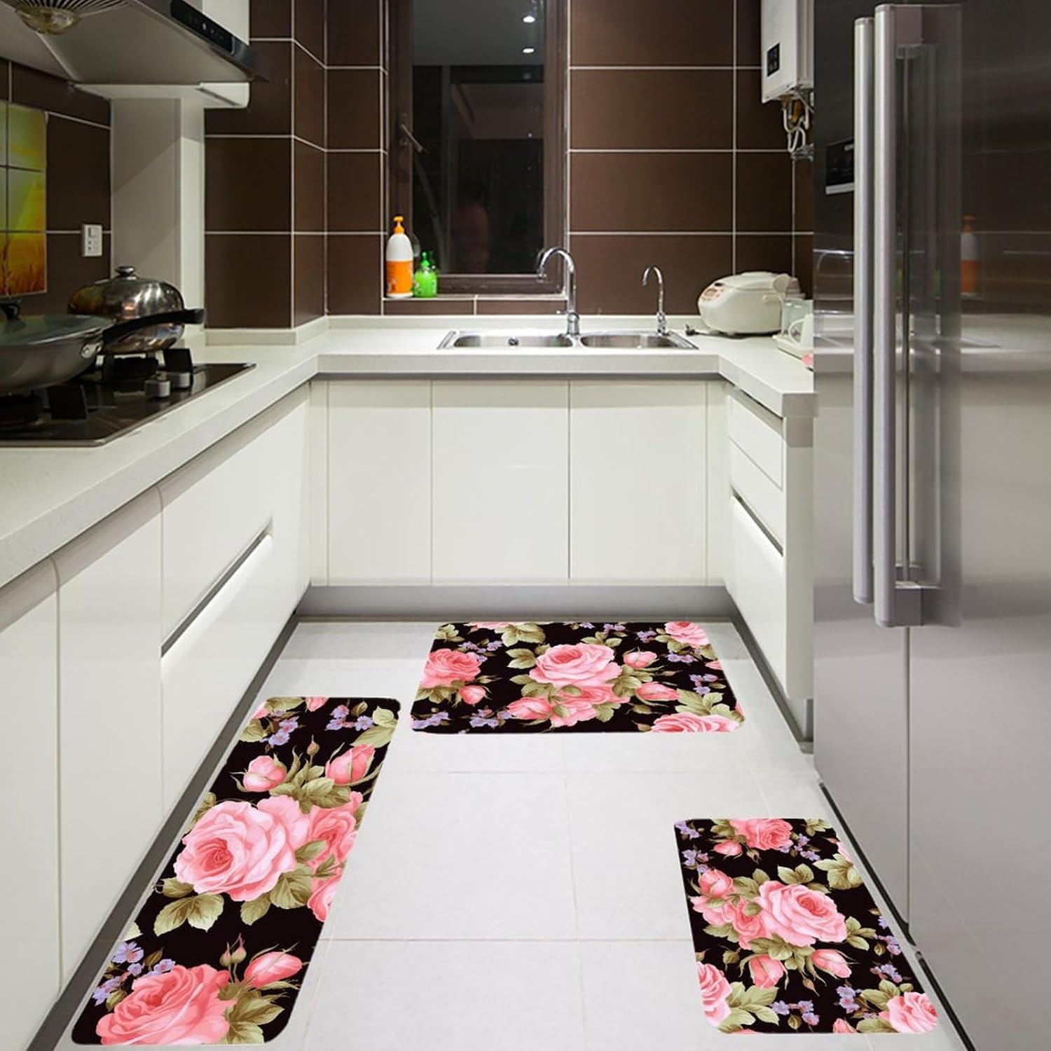 Pink Rose Kitchen Mats for Floor 3 Pcs Kitchen Rugs
